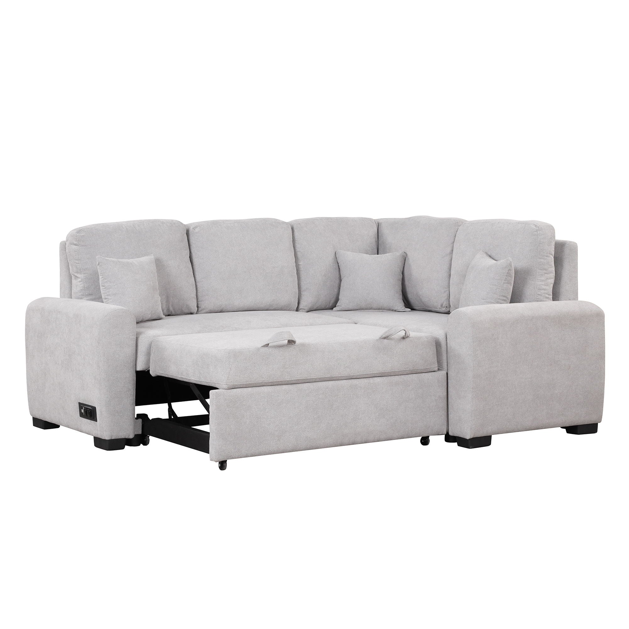 Sectional Sleeper Sofa With USB Charging Port And Plug Outlet, Pull-Out Sofa Bed With 3 Pillows, L-Shape Chaise For Living Room Small Apartment