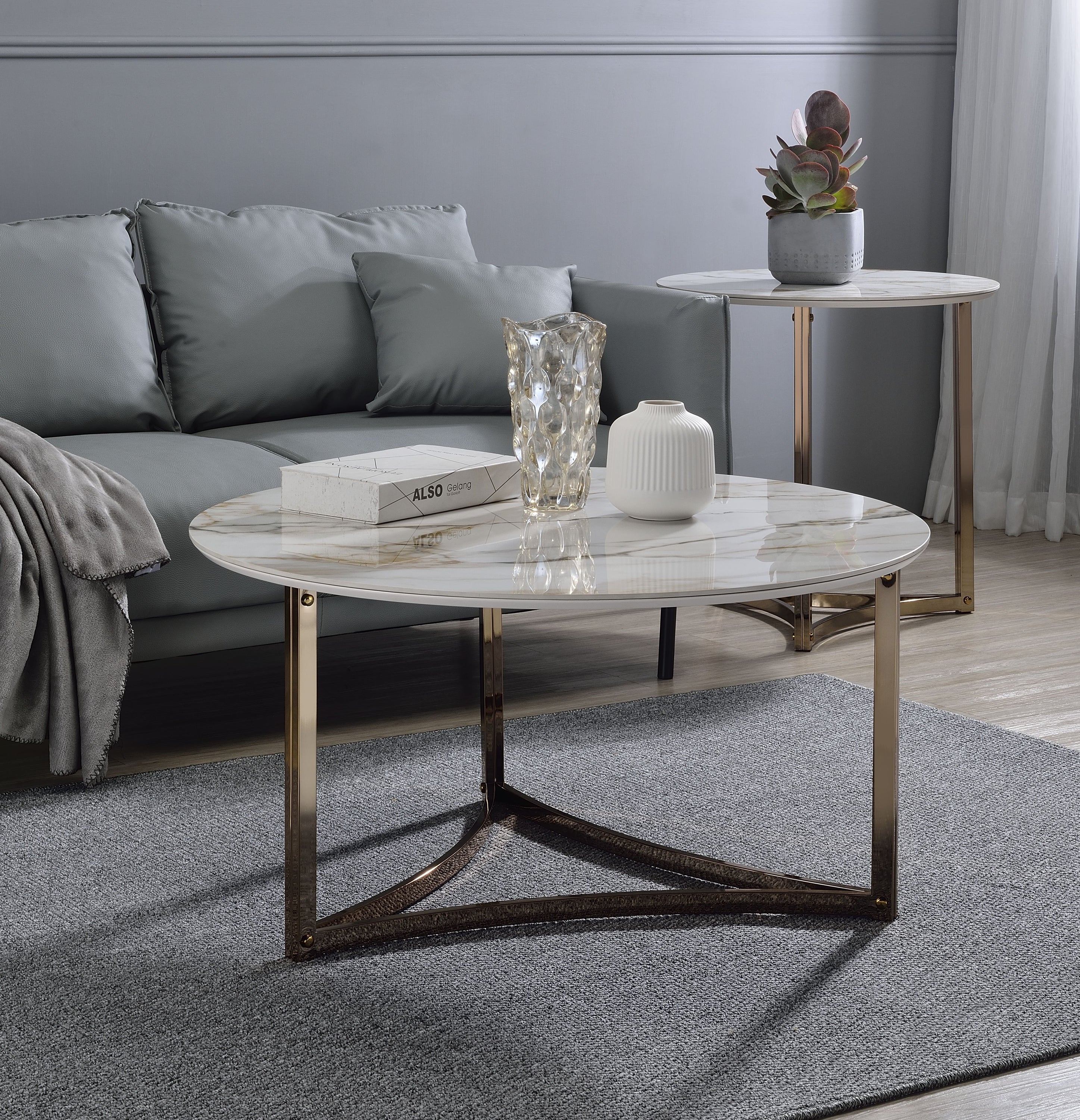 Aziz - Sintered Stone Top End Table - White / Champagne