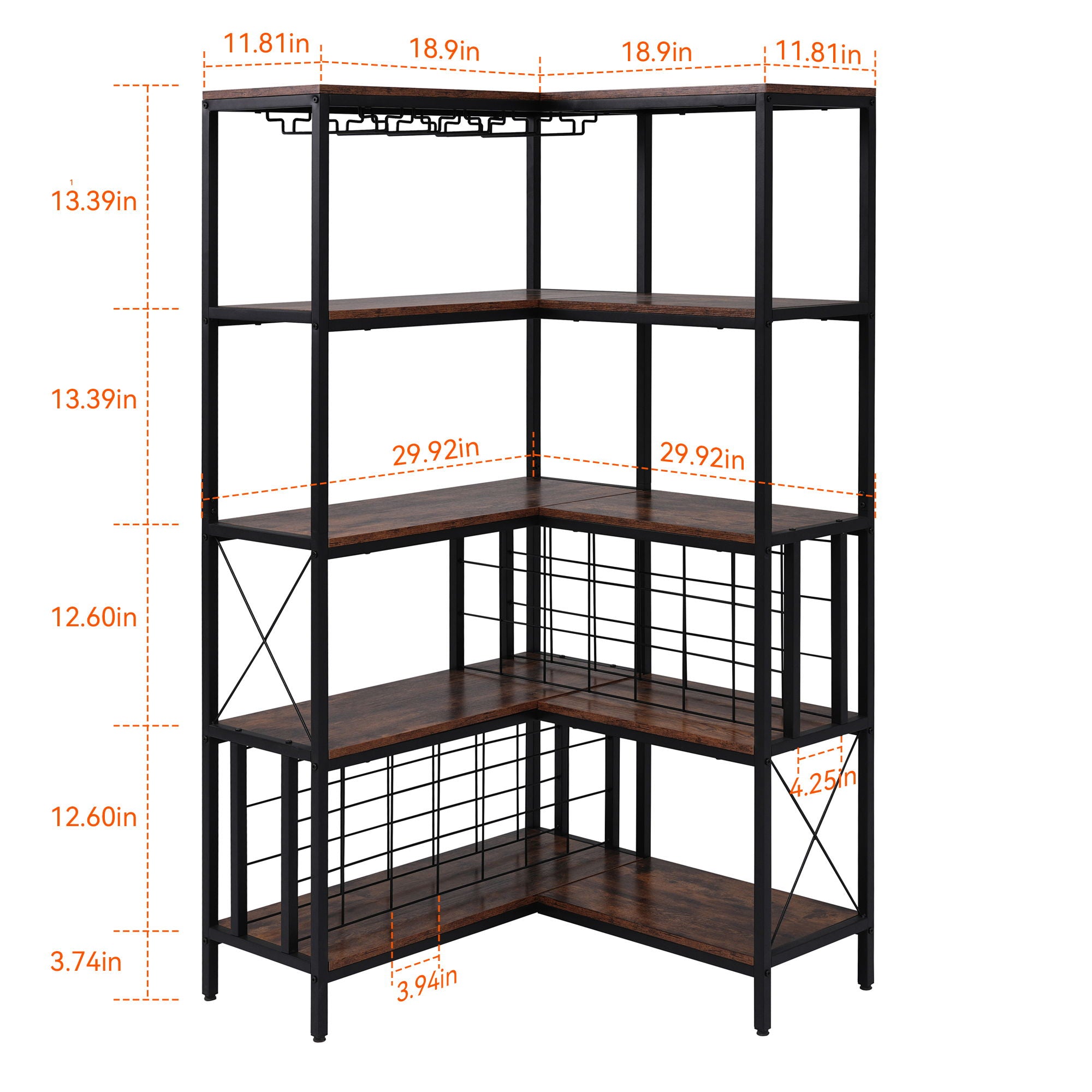 Corner Wine Rack Bar Cabinet Industrial Freestanding Floor Bar Cabinets For Liquor And Glasses Storage For Home Kitchen - Walnut / Black