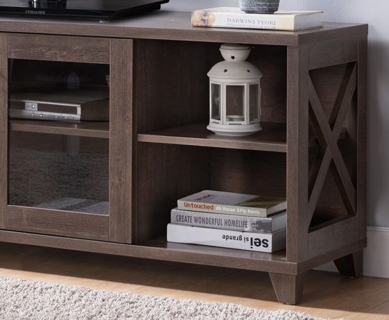 Home TV Stand With Four Side Shelves And Transparent Center Storage Cabinet - Walnut Oak