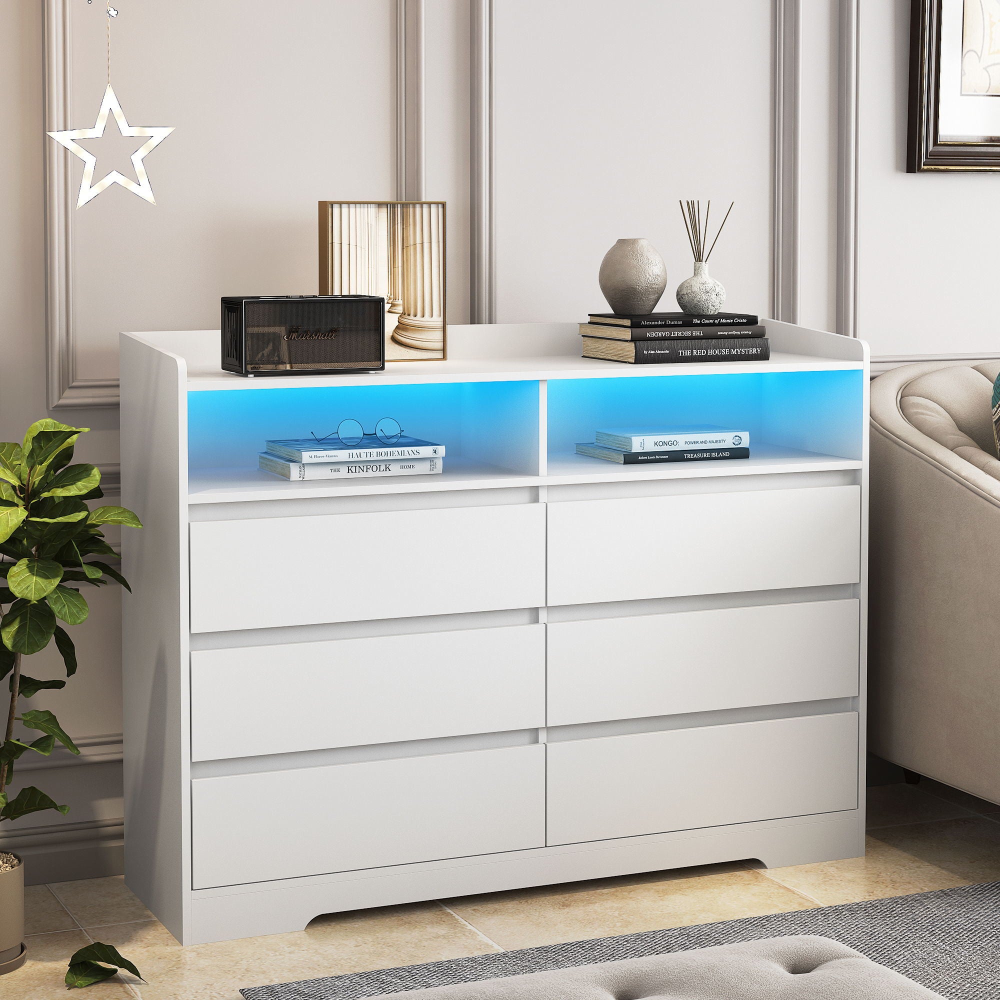 6 Drawer Dresser For Bedroom With LED Lights, Sturdy Frame - White