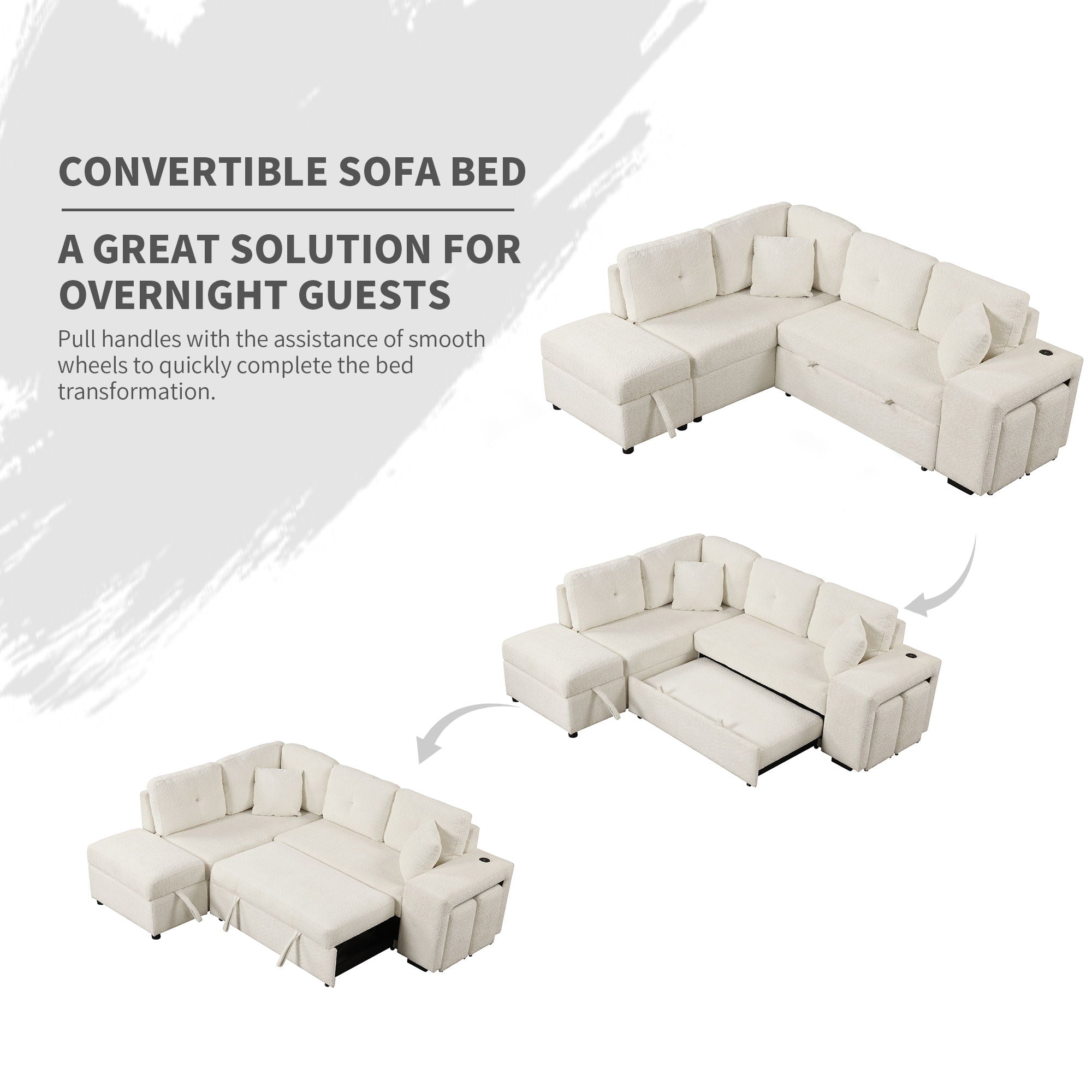 Convertible Sleeper, Sectional Pull Out Sofa Bed With Storage Ottoman, 2 Throw Pillows, 2 Stools, Wireless Charger And Two Hidden USB Ports For Living Room