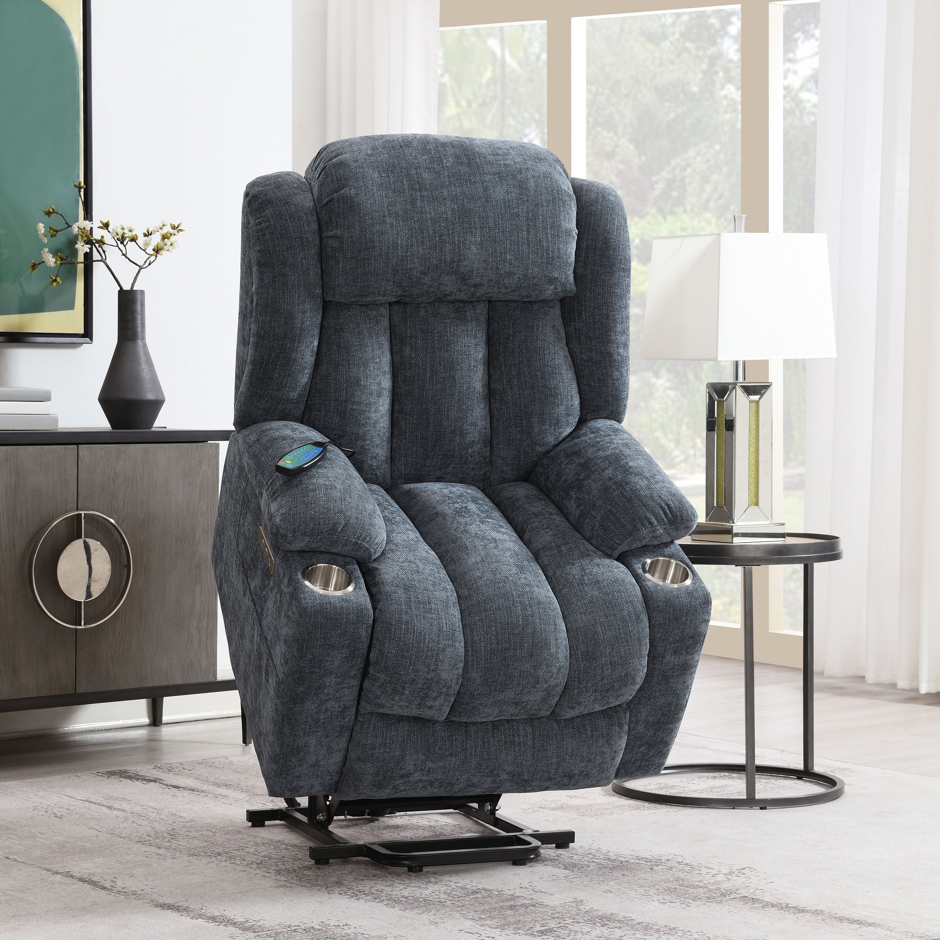 Omarion - Chenille Power Motion Recliner With Lift Heating Massage Function - Blue