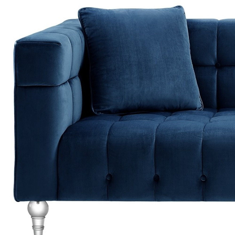 Velvet Sofa And Toss Pillows With Clear Legs - Navy Blue