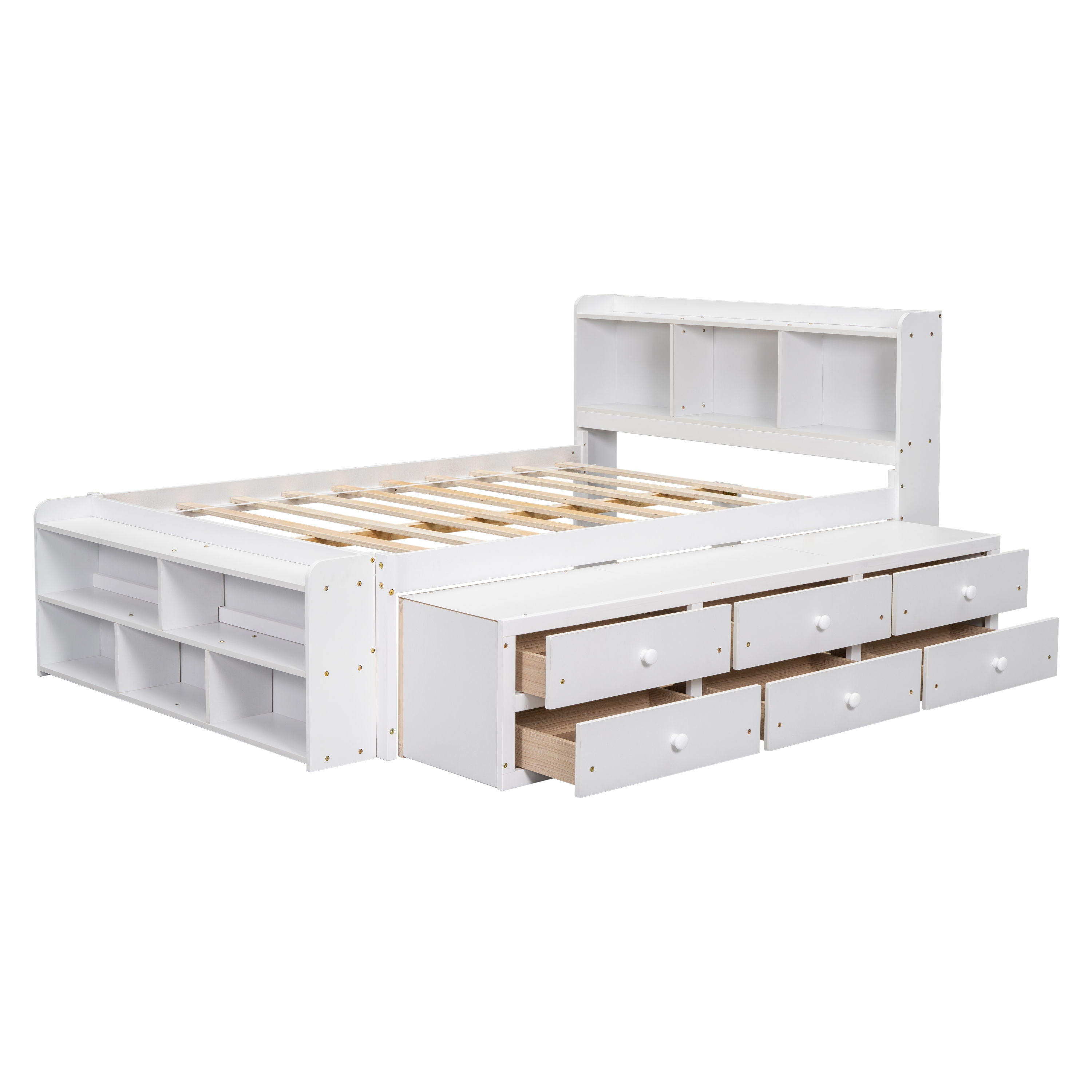 Bed With Bookcase Headboard, Under Bed Storage Drawers And Bed End Storage Case