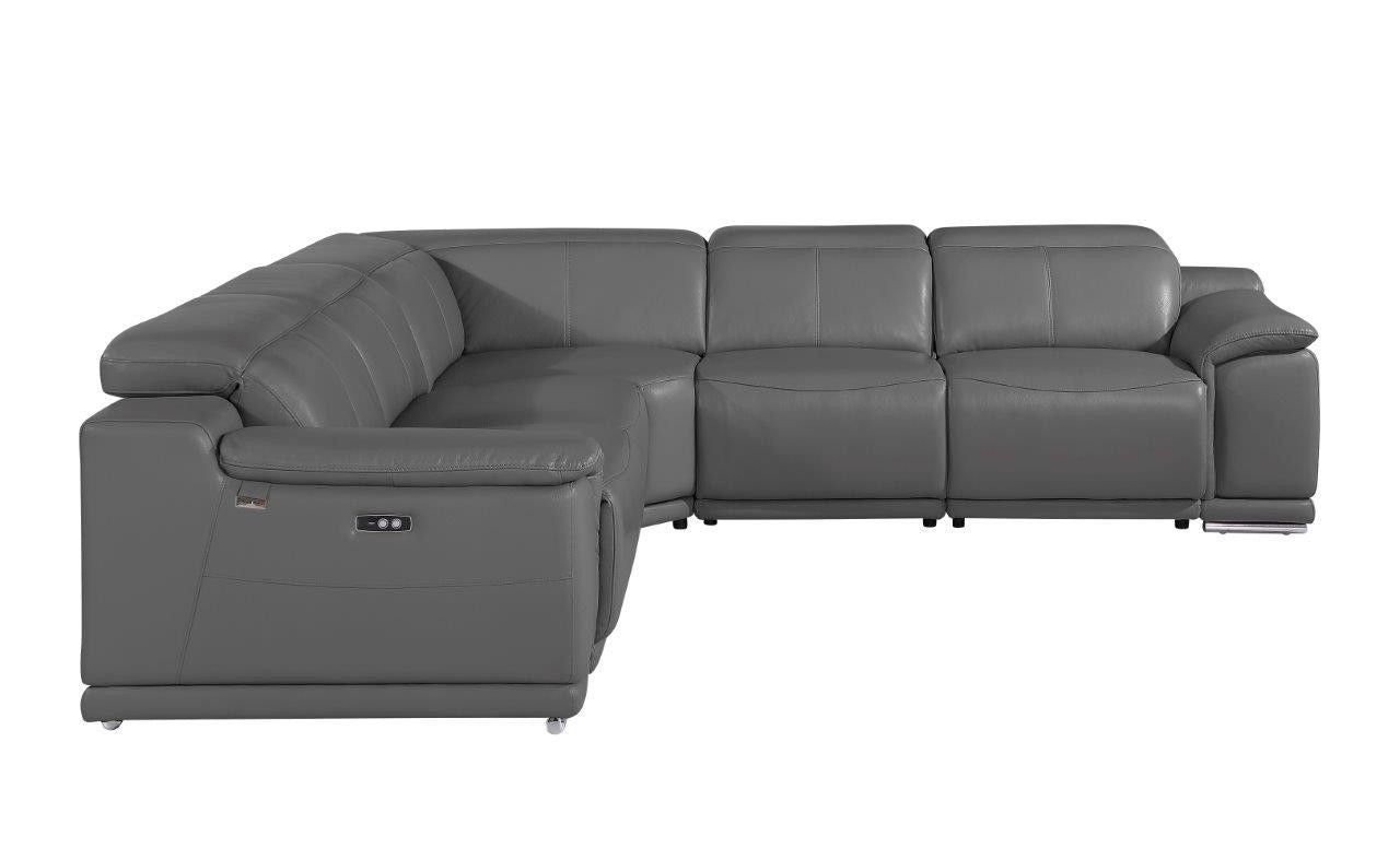 Italian Leather Power Reclining U Shaped Five Piece Corner Sectional With Console - Gray