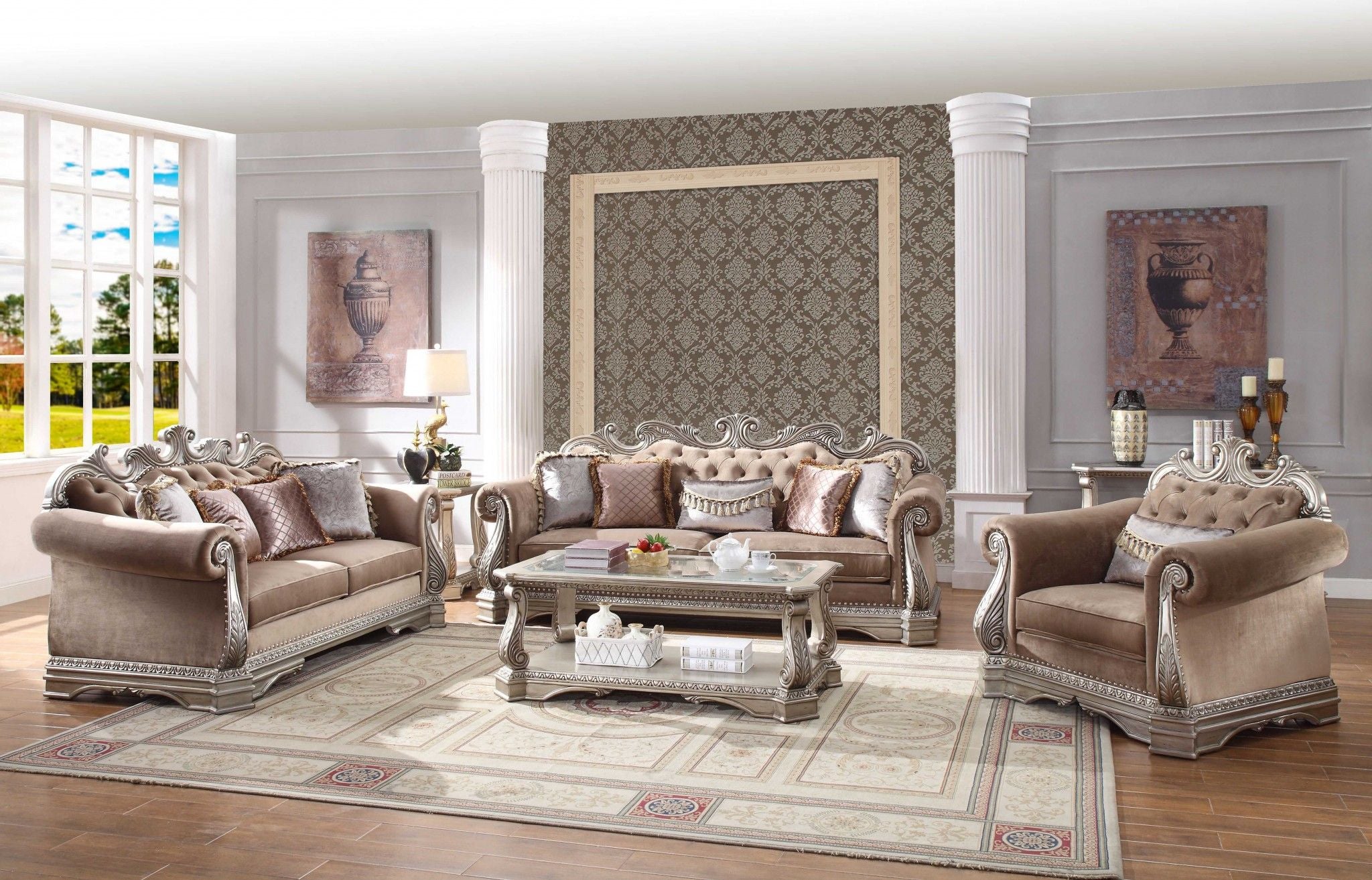 Velvet Sofa And Toss Pillows With Champagne Legs - Light Pink