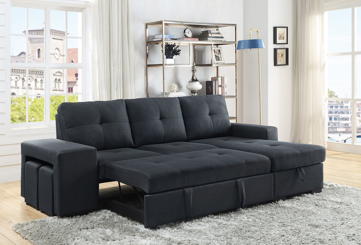 Lucas - Linen Sleeper Sectional Sofa With Reversible Storage Chaise - Dark Gray by Lilola Home | Bel Furniture