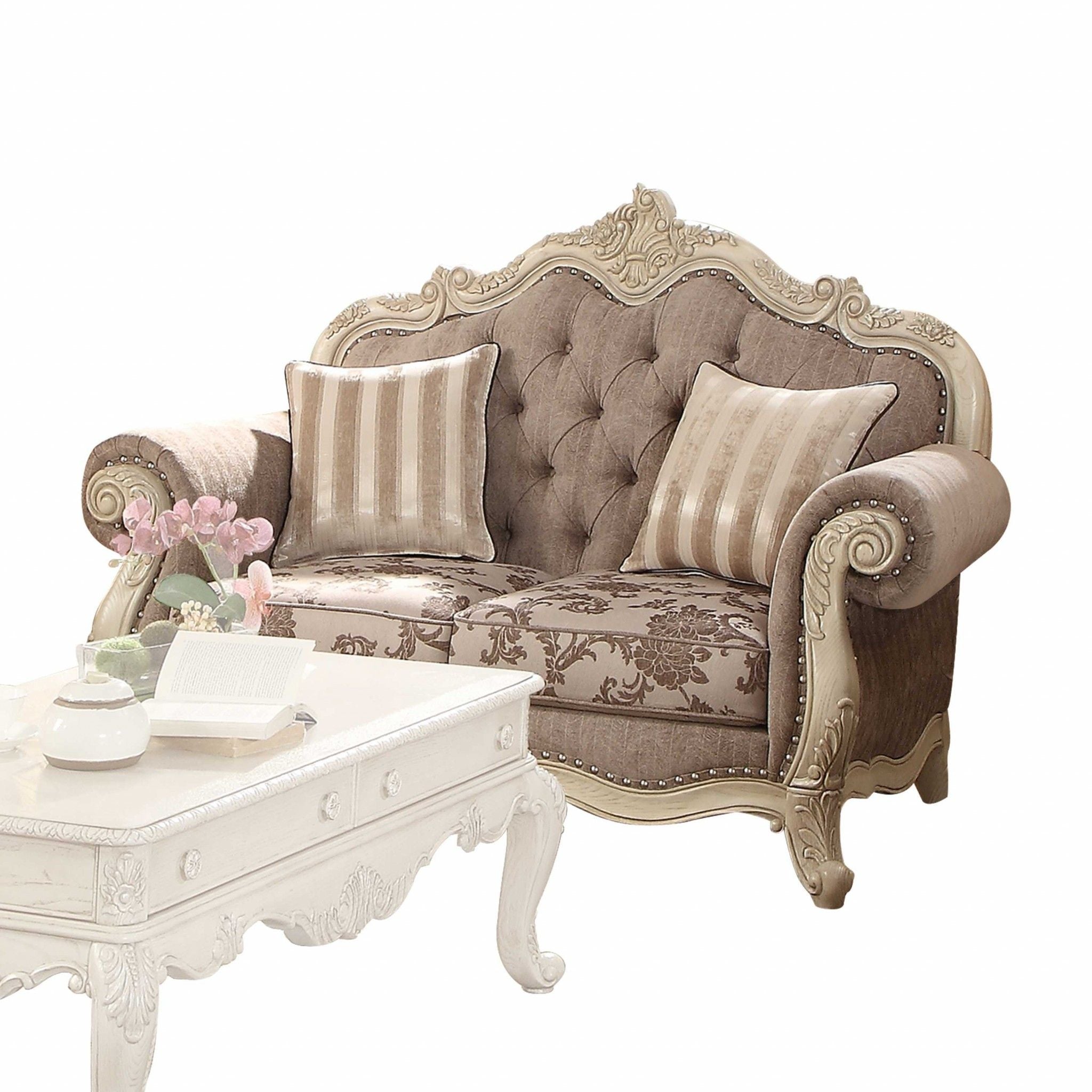 Damask Chesterfield Loveseat And Toss Pillows - Gray / Off White