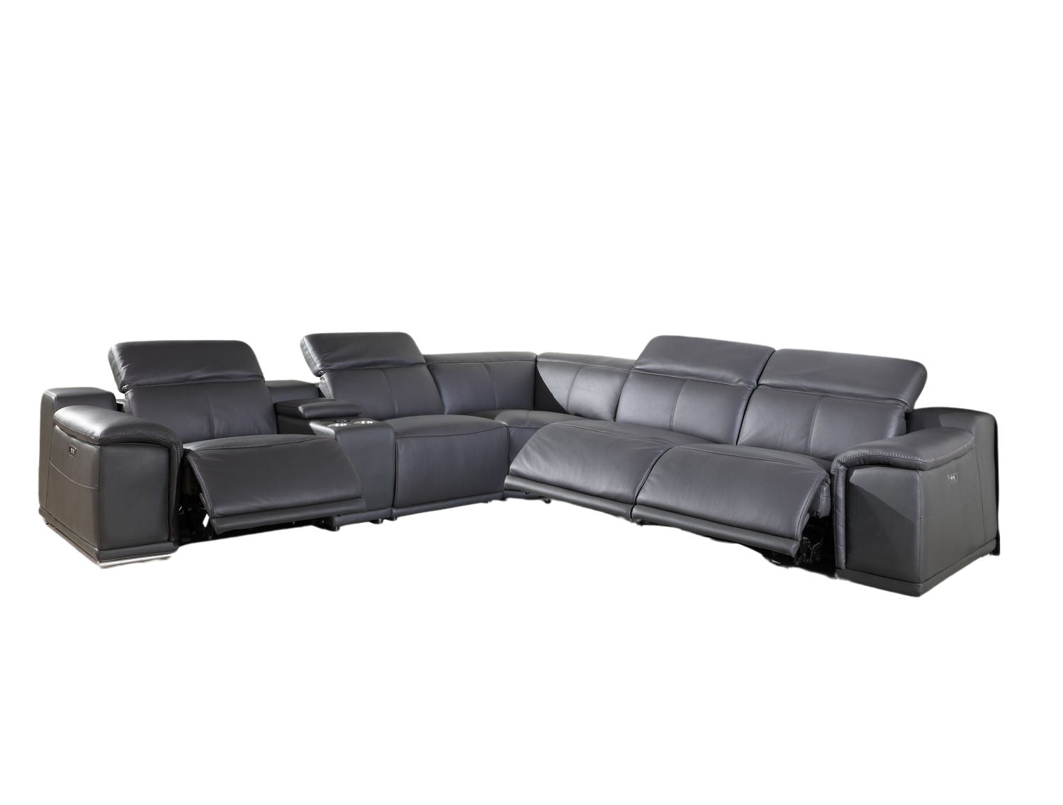 Italian Leather Power Reclining U Shaped Six Piece Corner Sectional With Console - Gray