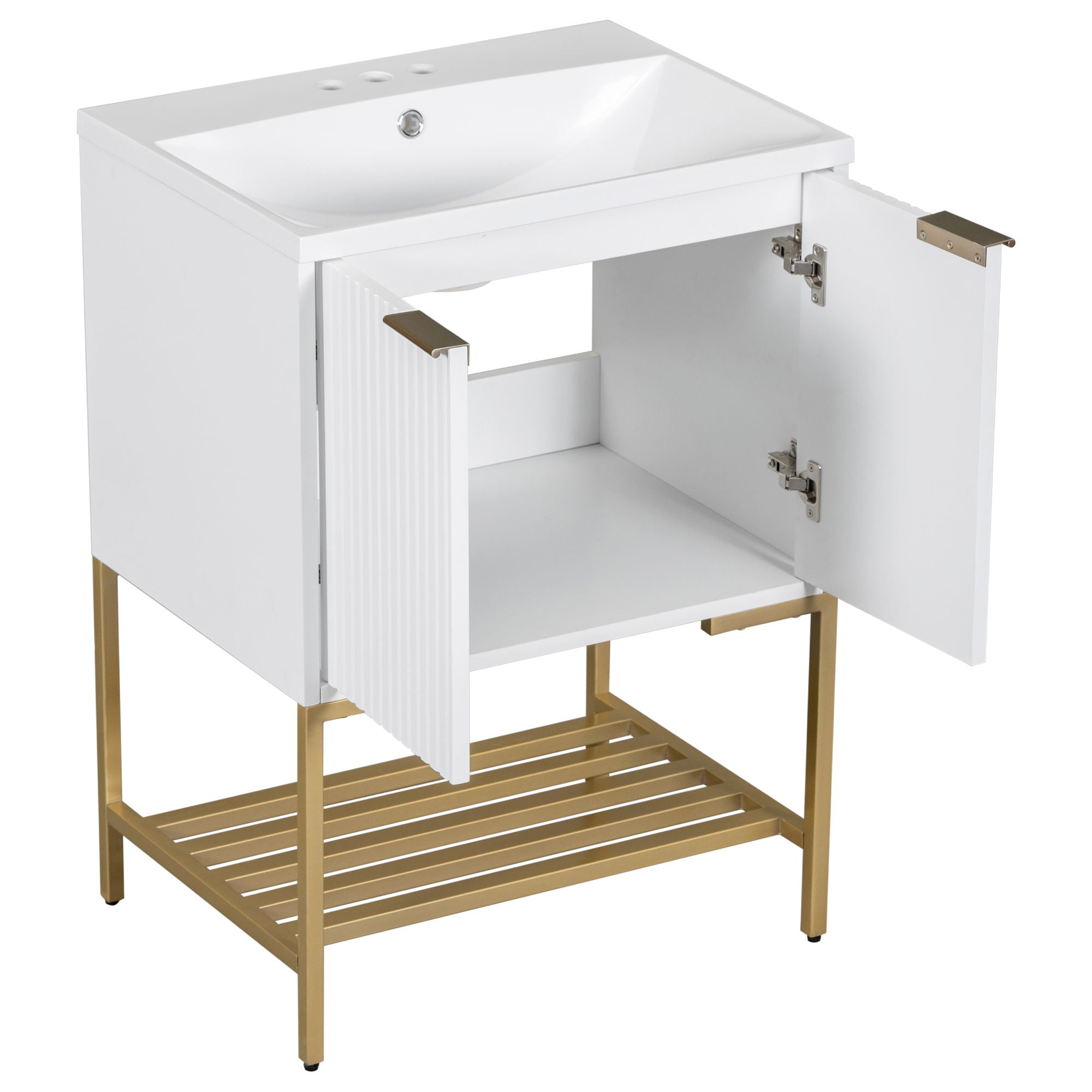 Bathroom Vanity With Sink, Bathroom Vanity Cabinet With Two Doors And Metal Frame, Open Storage Shelf - White / Gold