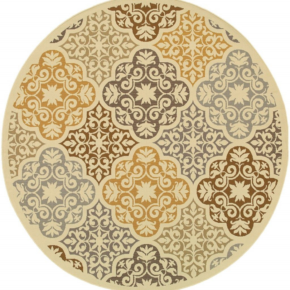 8' X 8' Round Moroccan Outdoor / Indoor Area Rug - Gray / Ivory