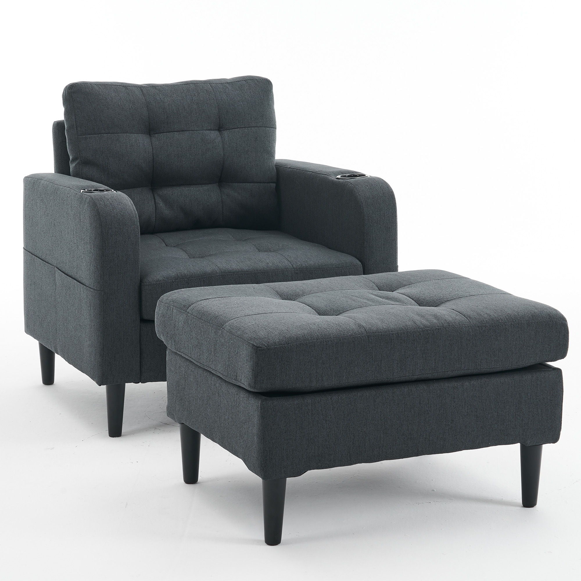 Upholstered Armchair And Storage Ottoman Set, Comfortable Single Sofa With Cup Holders And Tufted Detailing, Ideal For Living Room Or Bedroom