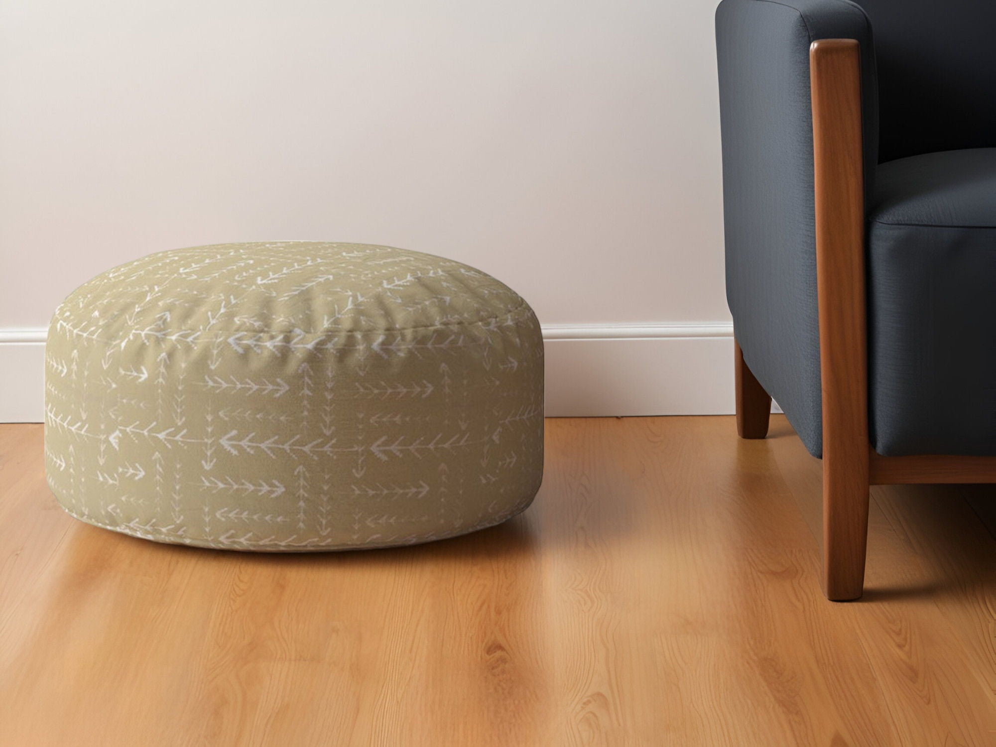 Cotton Round Abstract Pouf Ottoman - Beige