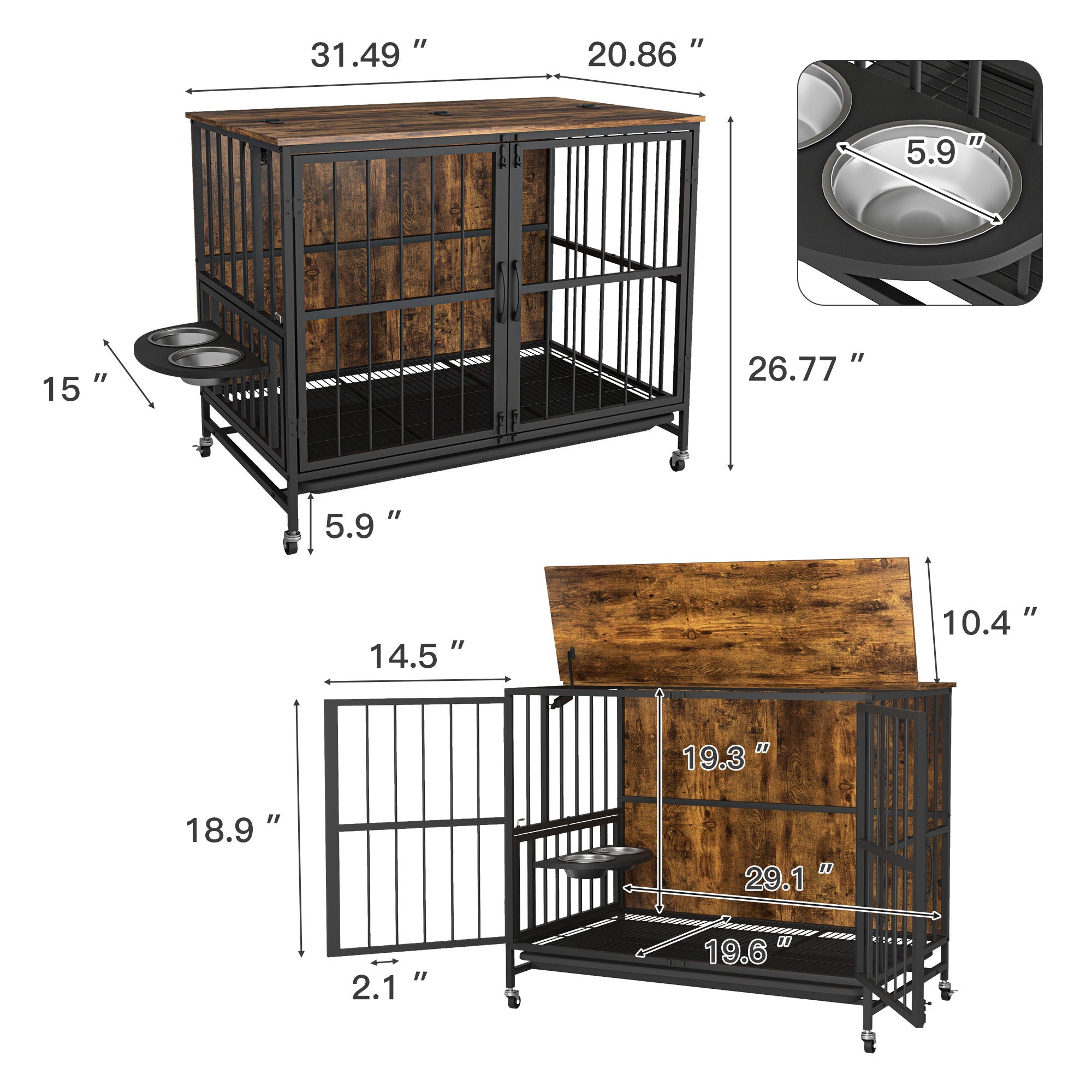 Modern Kennel Dogs Room Up To 60 Lb, Dog Crate Furniture With Multi-Purpose Rremovable Ttray, Double-Door Dog House, Lift Panel, 360 Degree Rotation, 3 Height Adjustable Feeding Bowls