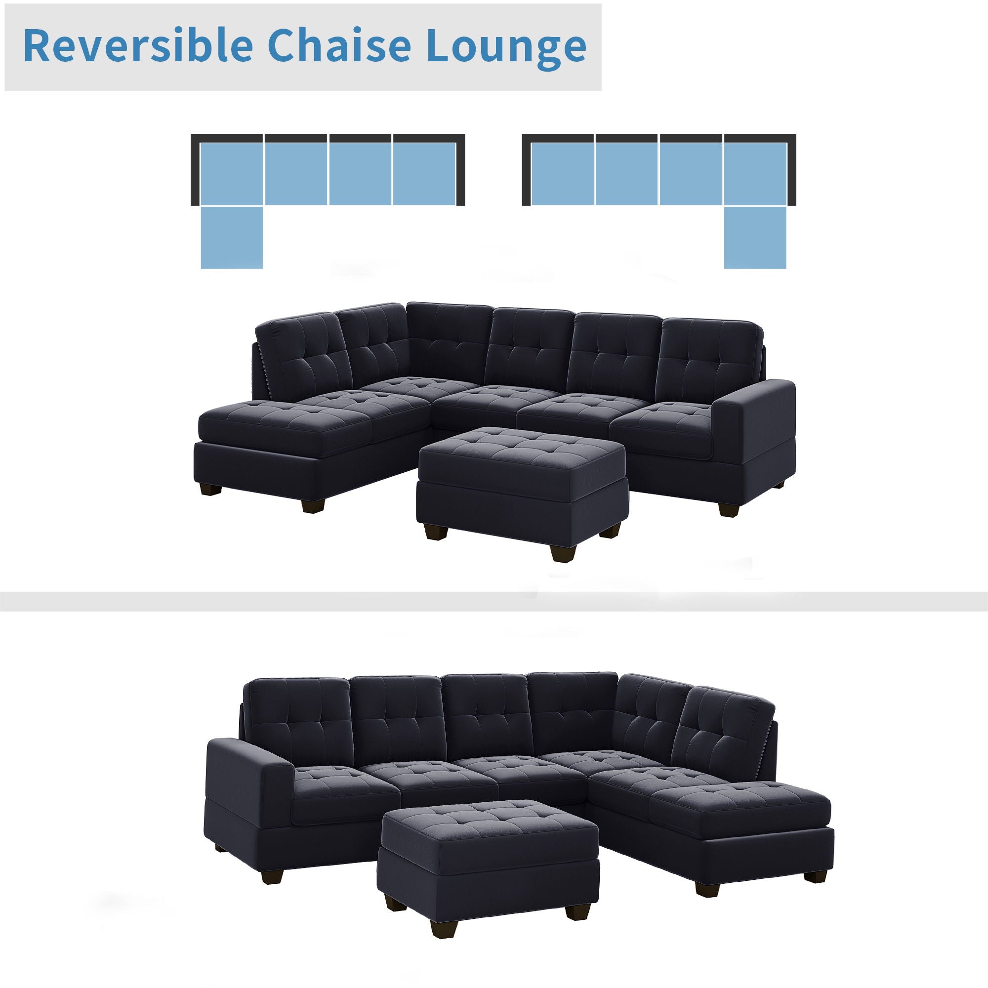 Modern Sectional Sofa With Reversible Chaise, L Shaped Couch Set With Storage Ottoman And Two Cup Holders For Living Room