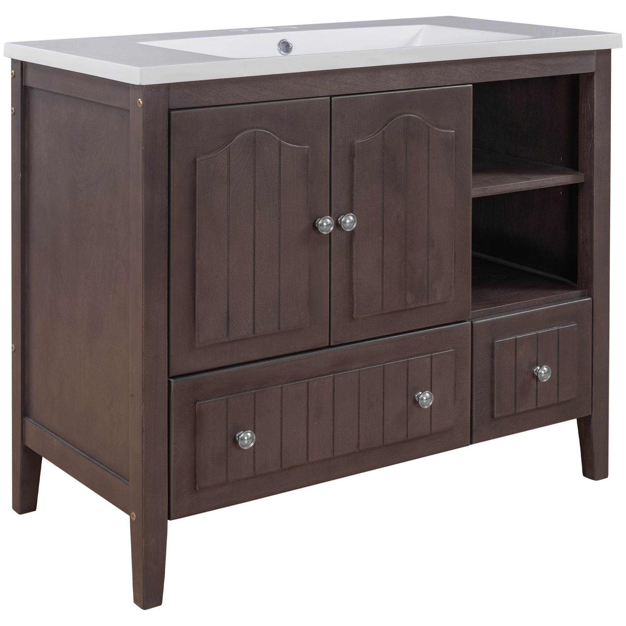 Bathroom Vanity With Ceramic Basin, Bathroom Storage Cabinet With Two Doors And Drawers, Solid Frame, Metal Handles