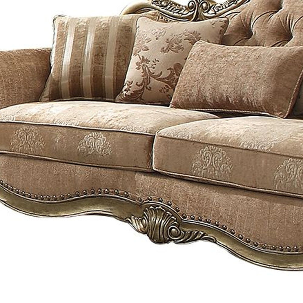 Velvet Floral Sofa And Toss Pillows With Champagne Legs - Brown