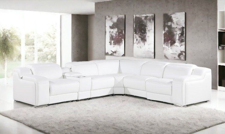 Italian Leather Power Reclining L Shaped Six Piece Corner Sectional With Console - White