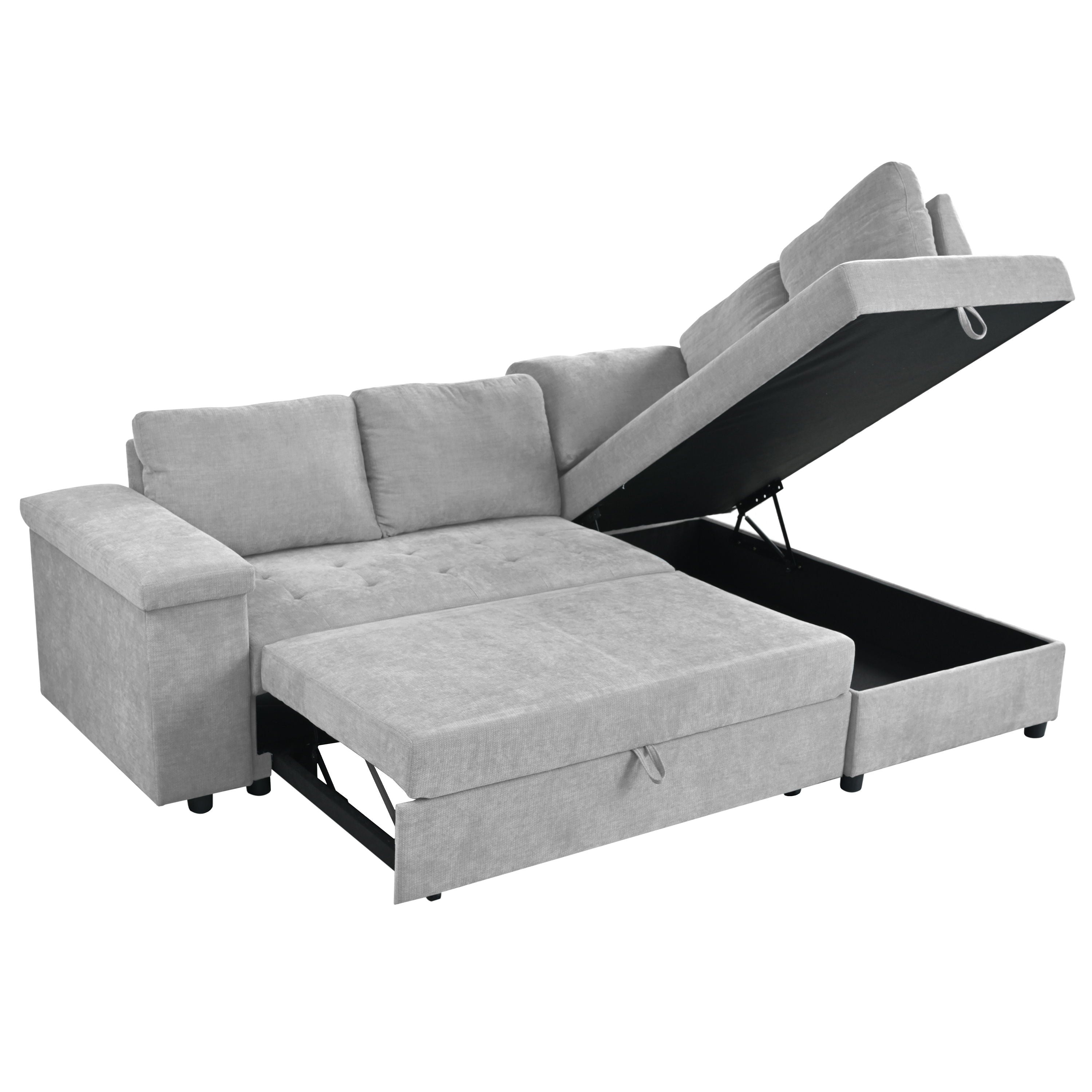 L Shaped Couch With Pull Out Bed And Storage Sectional Sleeper Sofa With Hidden Storage, Wide Armrest With Storage, For Living Room, Apartment, Bedroom, Office