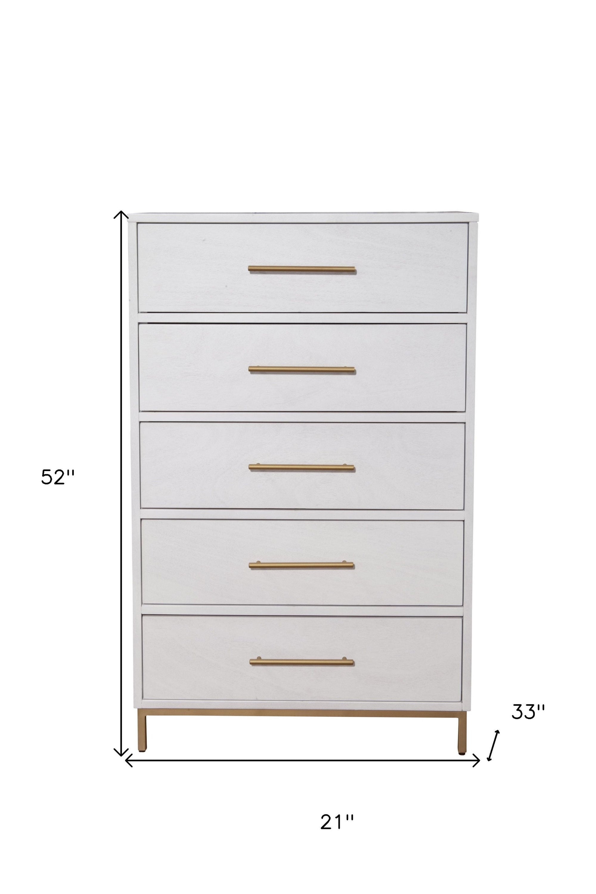 Solid Wood, Five Drawer Chest - White