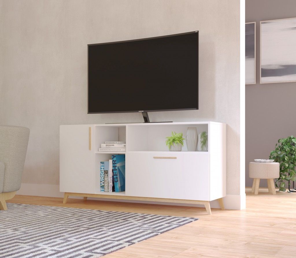 Modern Asymmetrical TV Stand - White / Natural