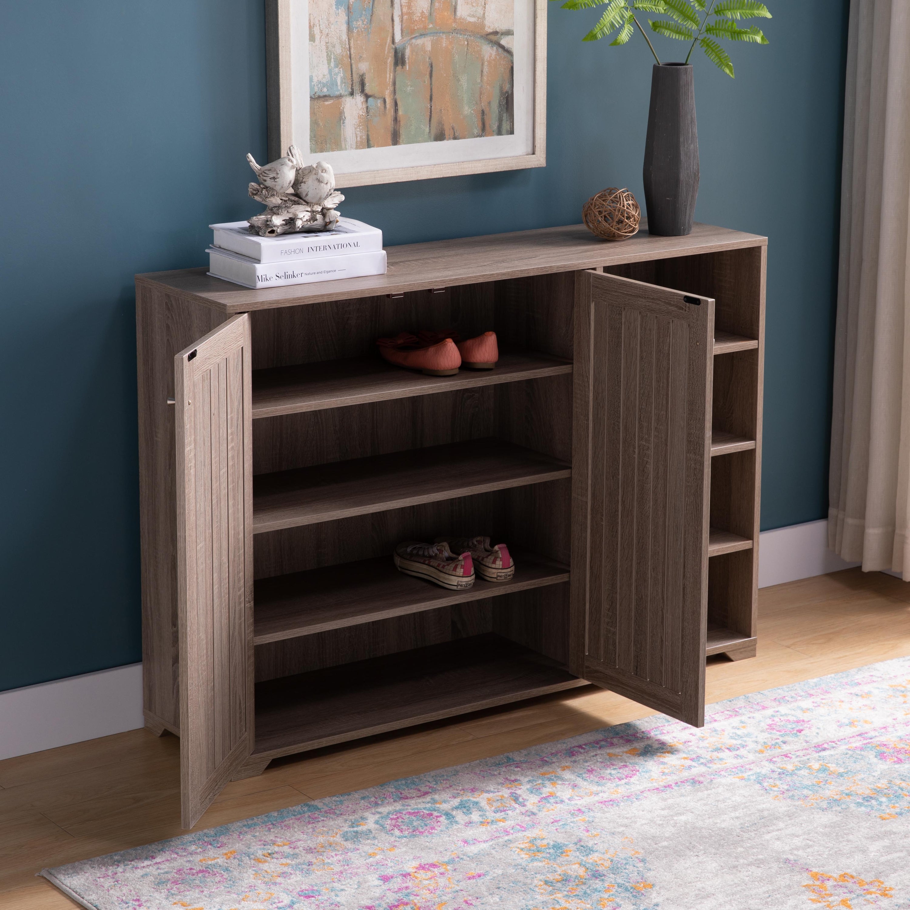 Entryway 4 Tier Organizing Storage Cabinet, Double Door Wooden Shoe Cabinet - Dark Taupe