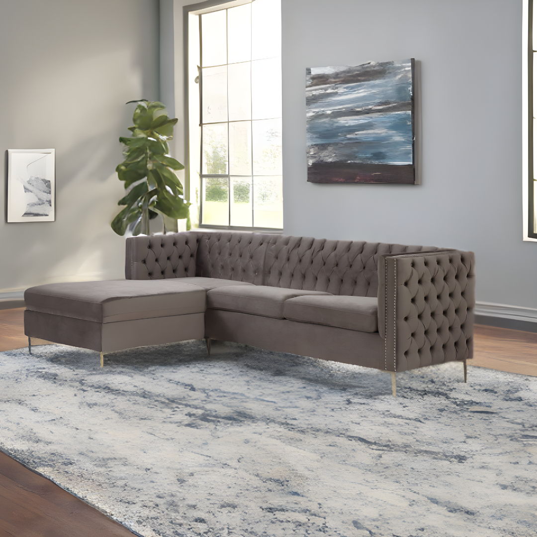 Velvet L Shaped Two Piece Sofa And Chaise Sectional - Gray