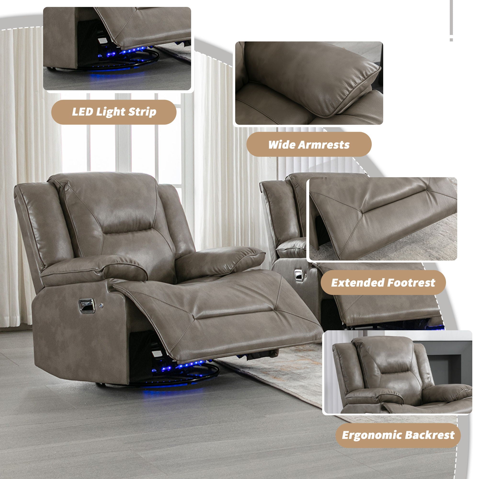 Home Theater Recliner Set Manual Recliner Chair With A Led Light Strip Two Built-In Cup Holders For Living Room