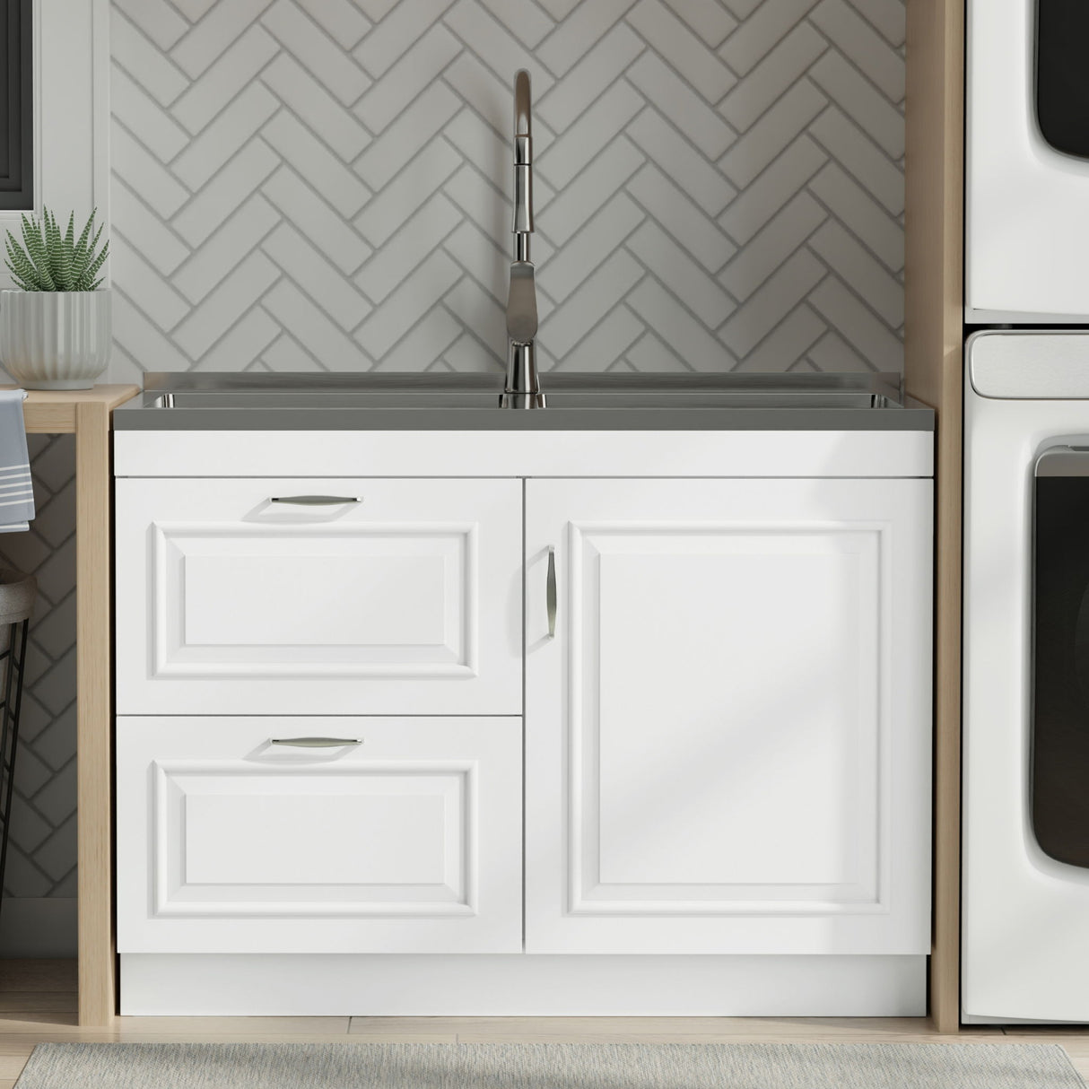 Darwin - Laundry Utility Sink And Cabinet With Dual Sinks, Pull Out Faucet - White