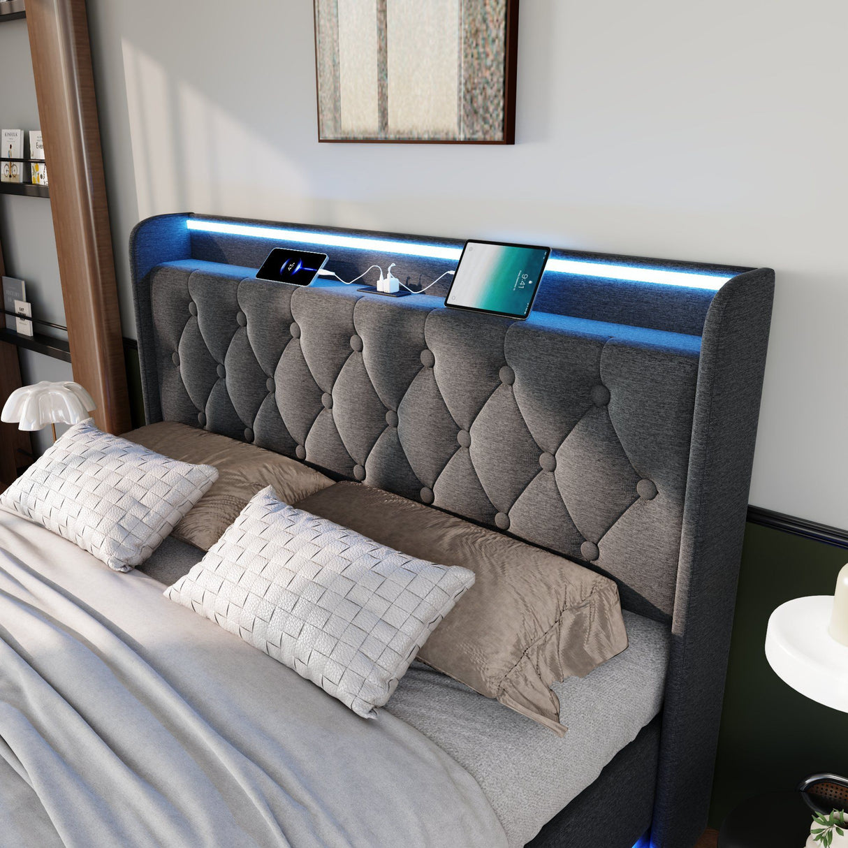 Upholstered Bed, 360 Surround LED Function, Remote Control, Hydraulic Storage Bed With USB, Type-C Charging (Without Mattress)