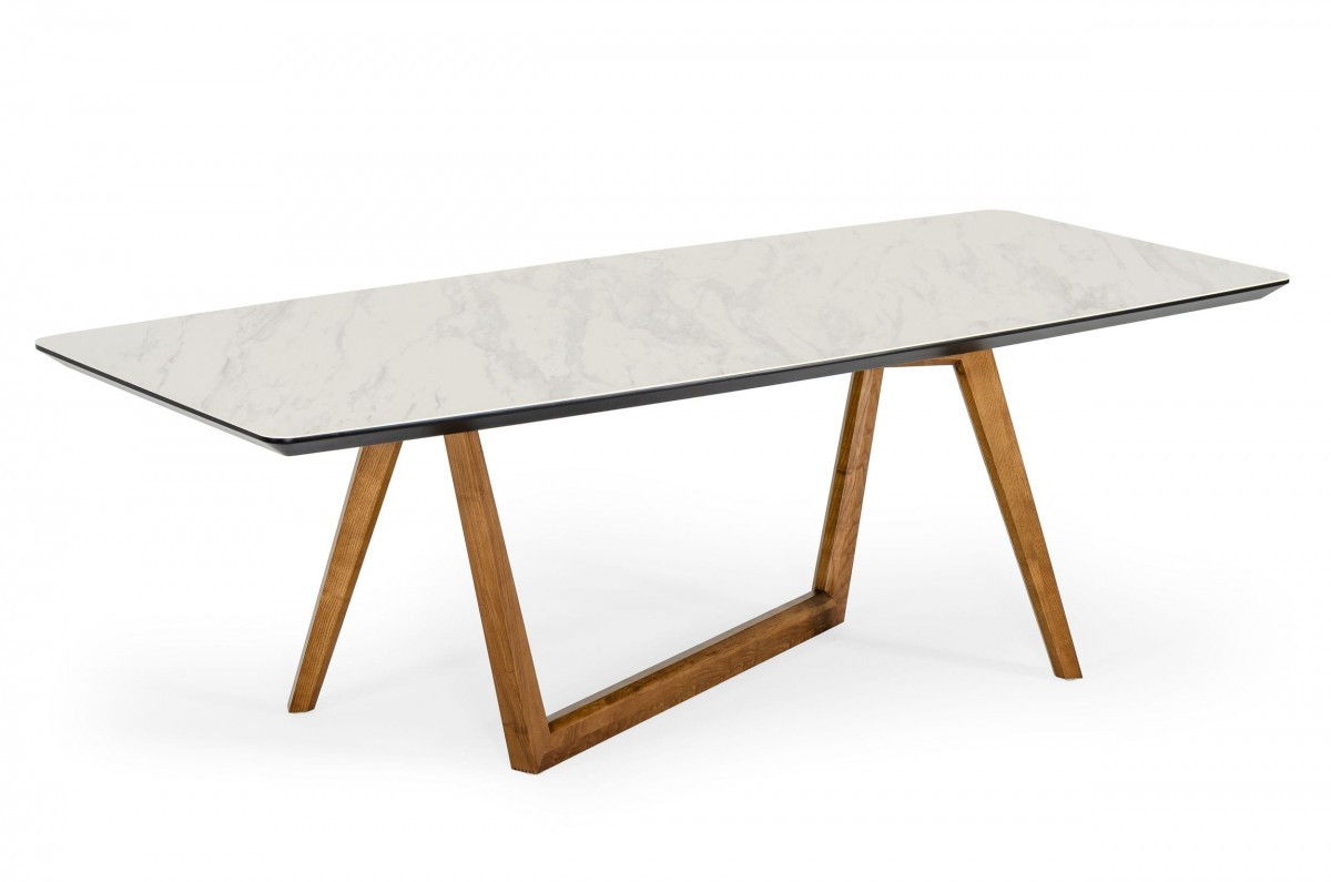 Rectangular Stone Wood Dining Table - White / Walnut