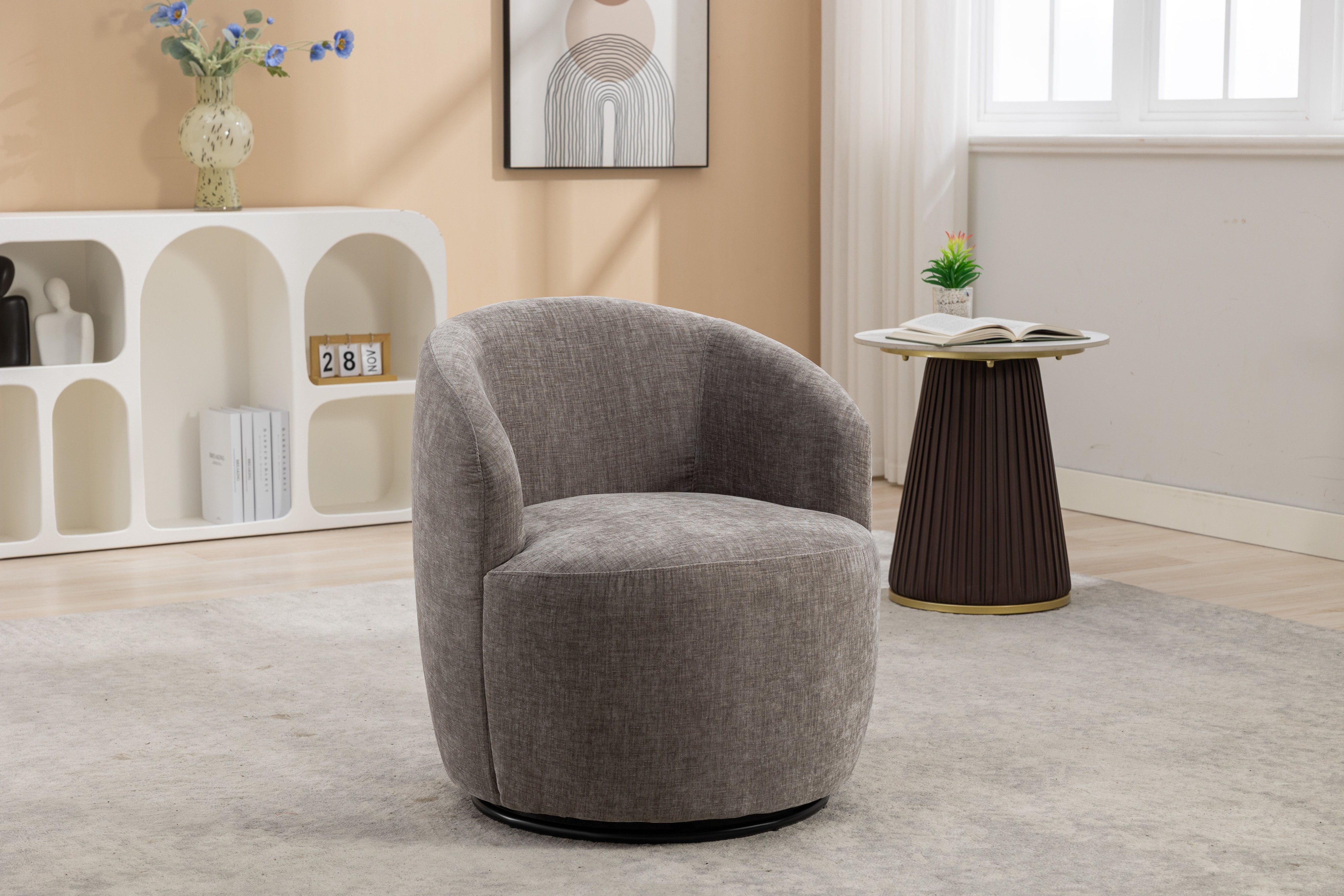 Chenille Fabric Swivel Accent Armchair Barrel Chair With Powder Coating Metal Ring