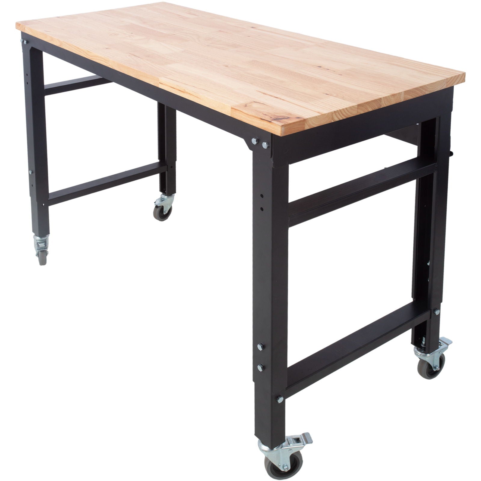 Wide Rolling Workbench For Garage, Adjustable Height, Workshop Tool Bench, Metal With Rubber Wood Top