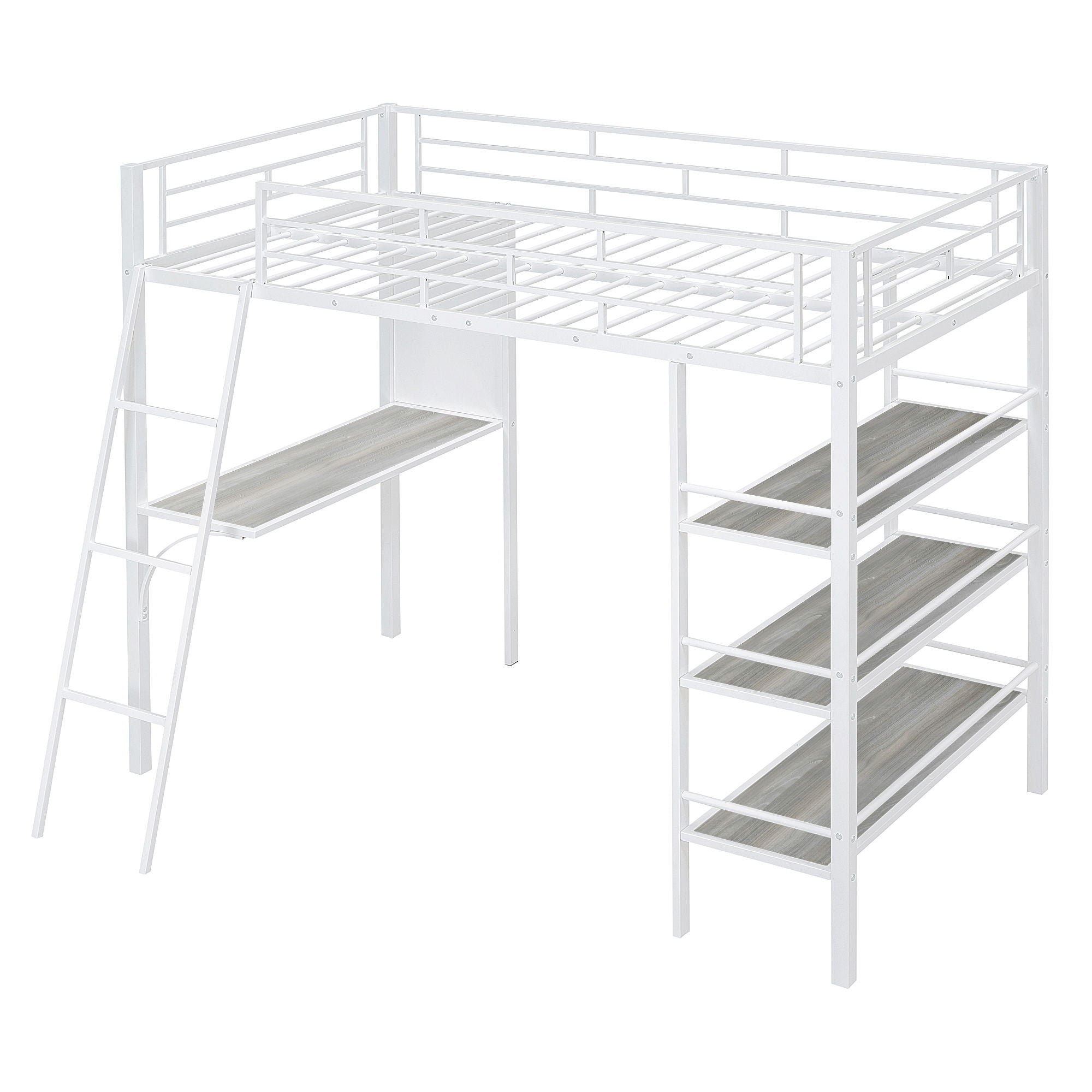 Loft Metal Bed With 3 Layers Of Shelves And Desk, Stylish Metal Frame Bed With Whiteboard