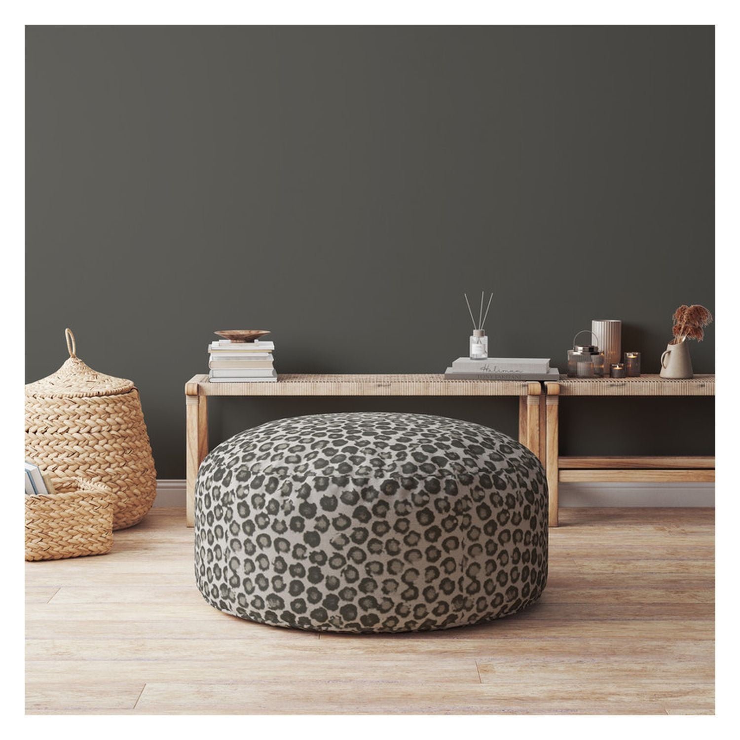 Cotton Round, Floral Pouf Ottoman - Beige