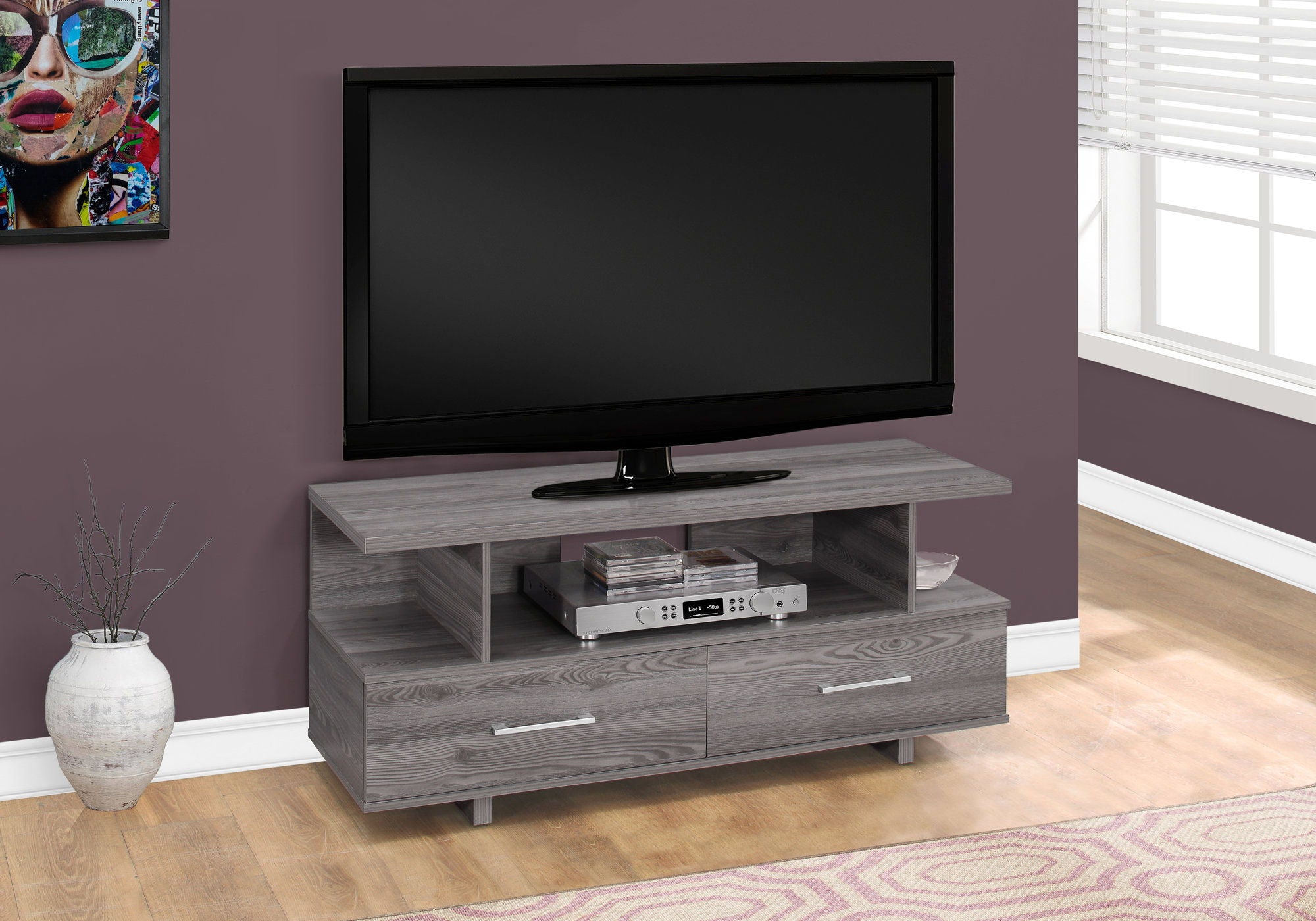 Particle Board And Laminate TV Stand With 2 Storage Drawers - Gray