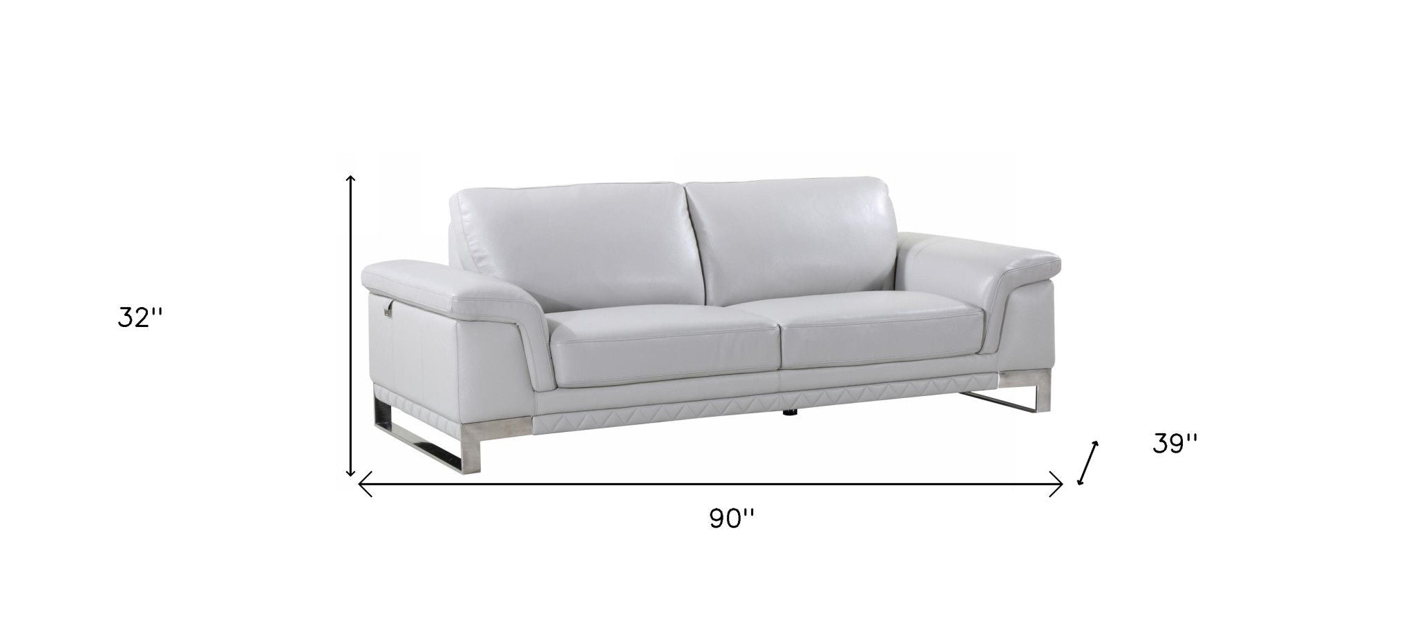 Italian Leather Sofa With Silver Legs - Light Gray