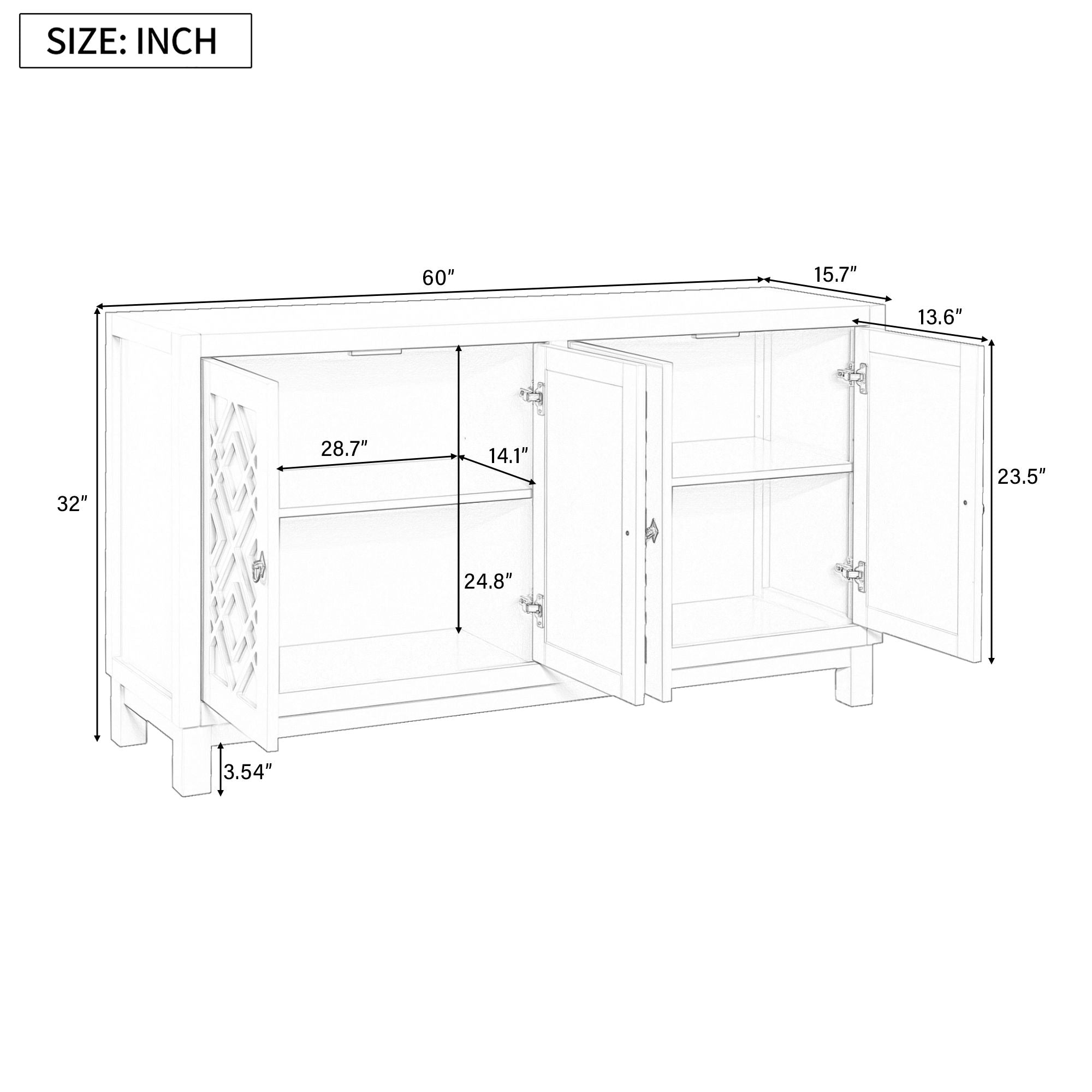 Large Storage Space Sideboard, 4 Door Buffet Cabinet With Pull Ring Handles For Living Room, Dining Room