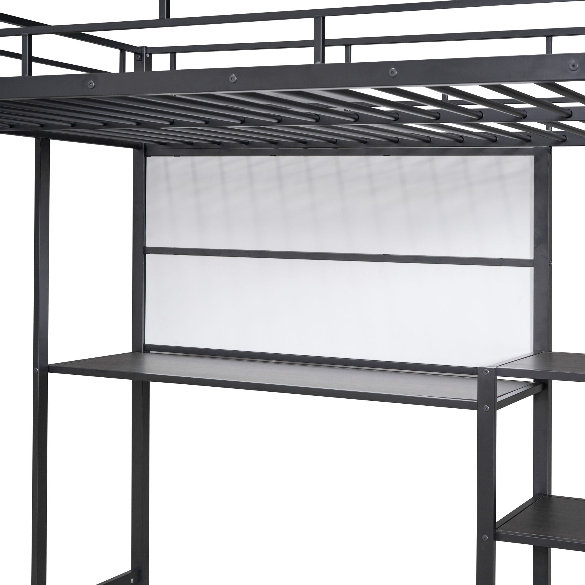 Loft Bed With Desk And Whiteboard, Metal Loft Bed With 3 Shelves And Ladder