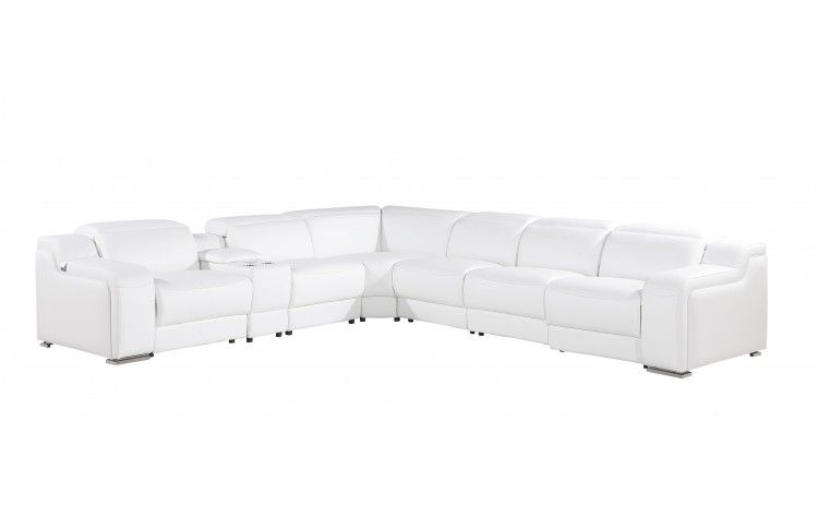 Italian Leather Power Reclining Seats L Shaped Seven Piece Corner Sectional With Console - White