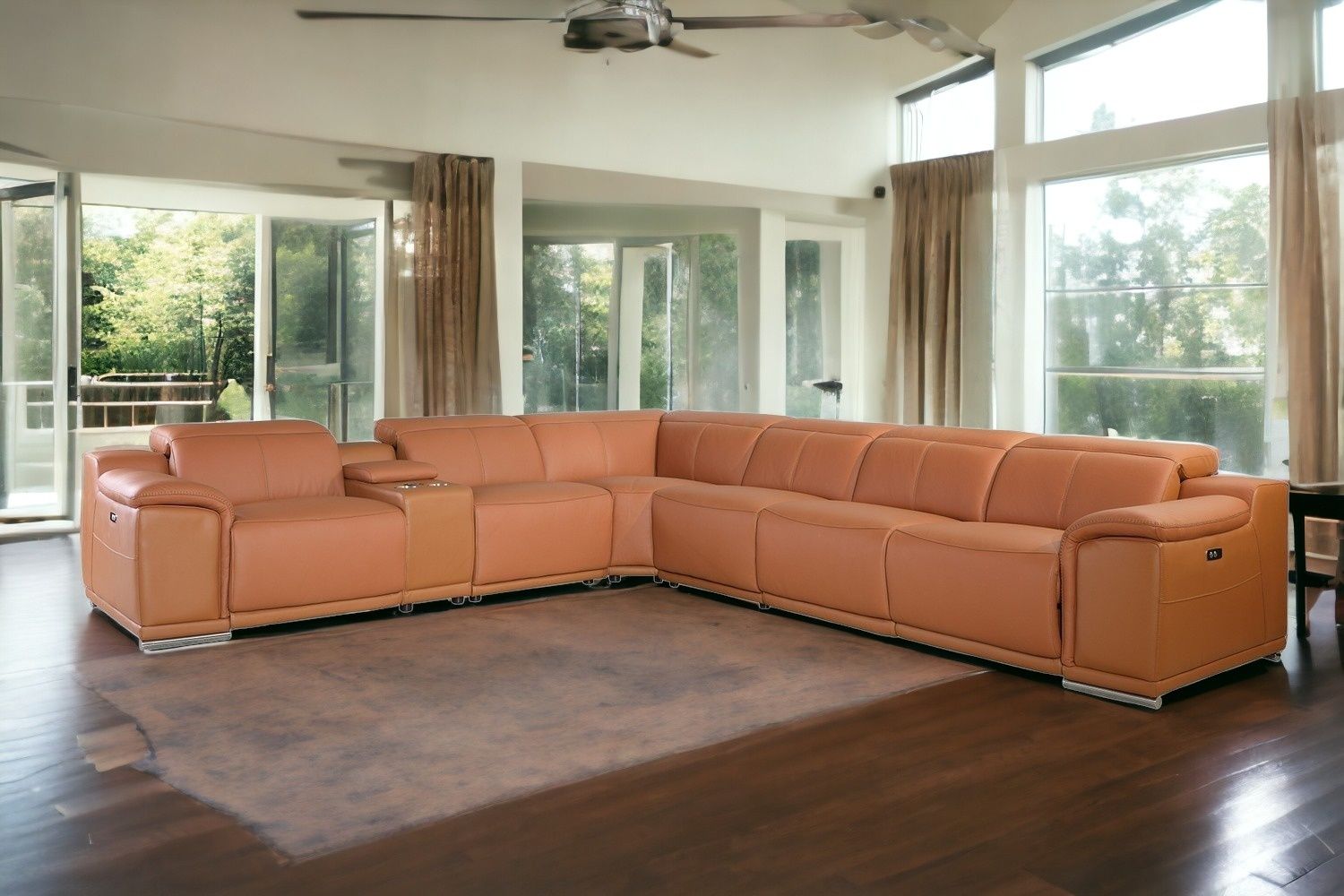 Italian Leather Power Reclining U Shaped Seven Piece Corner Sectional With Console - Camel