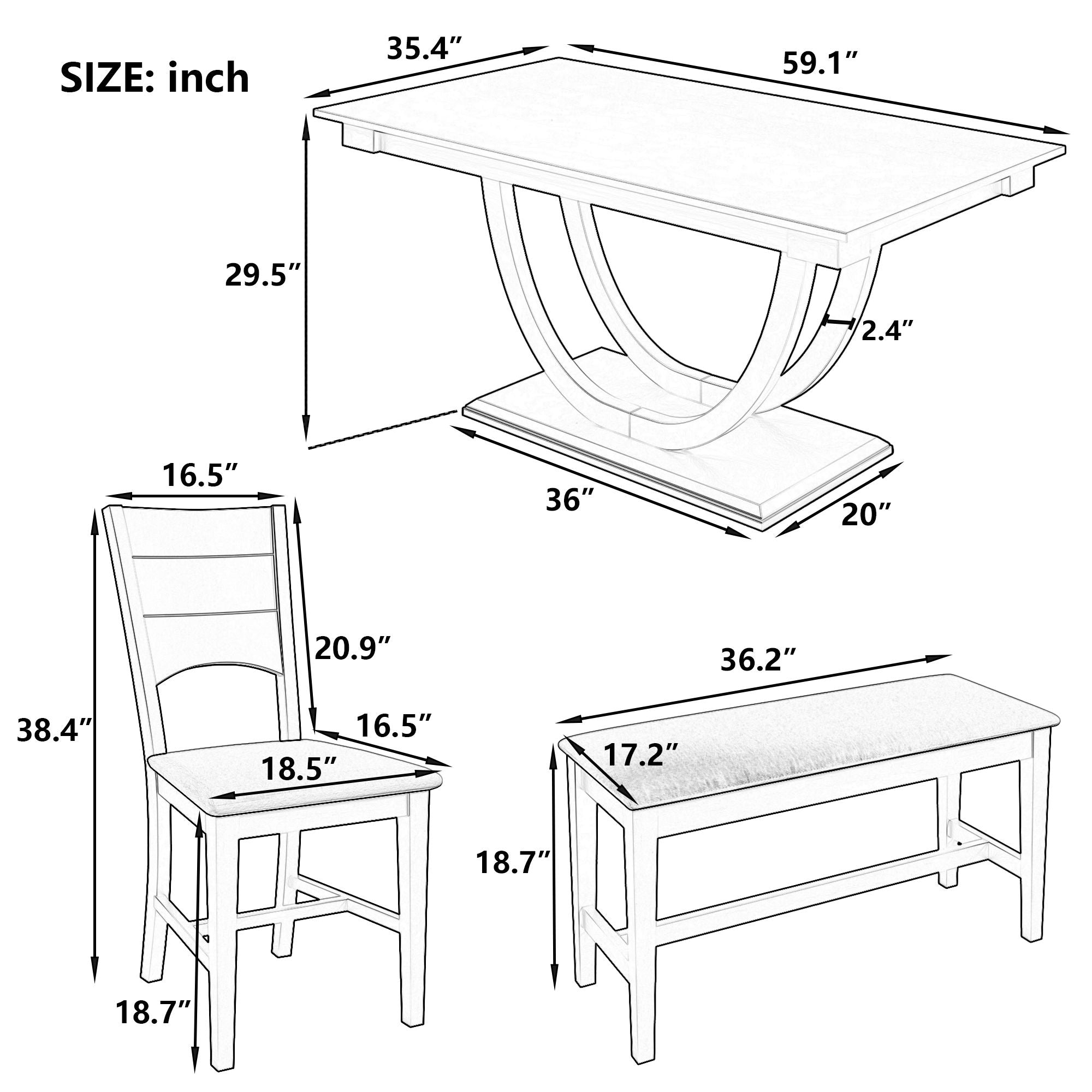 Topmax - 6 Piece Wood Half Round Dining Table Set Kitchen Table Set With Long Bench And 4 Dining Chairs, Modern Style