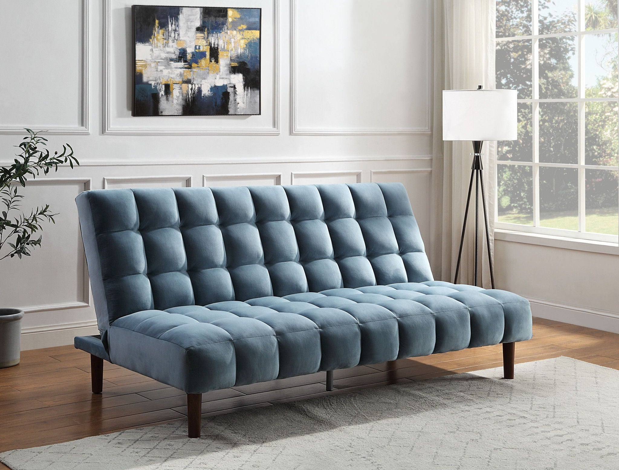 Velvet Sleeper Sofa With Wood Brown Legs - Teal Blue