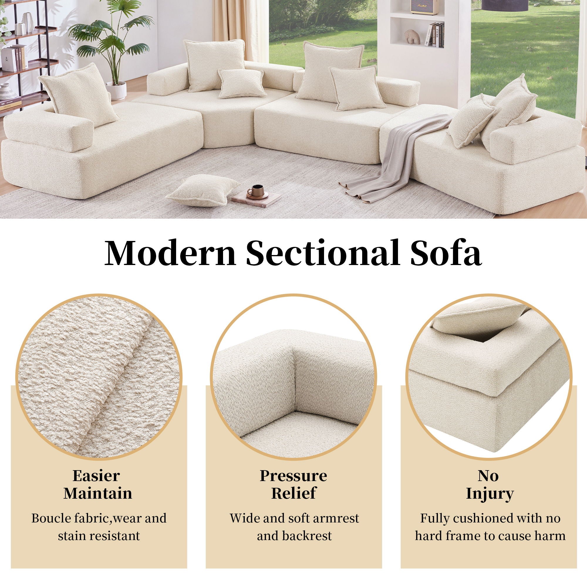 Oversized Modular Sectional Sofa, Luxury Boucle Floor Couch Set, Convertible Sleeper Couch, Spacious Foam-Filled Sofa Bed For Living Room