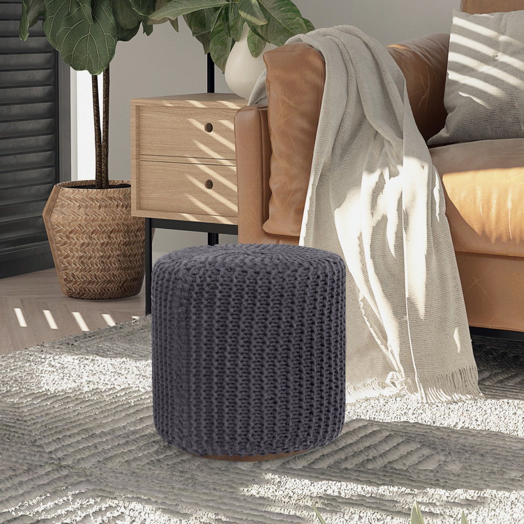 Cotton Blend Round Pouf Ottoman - Gray