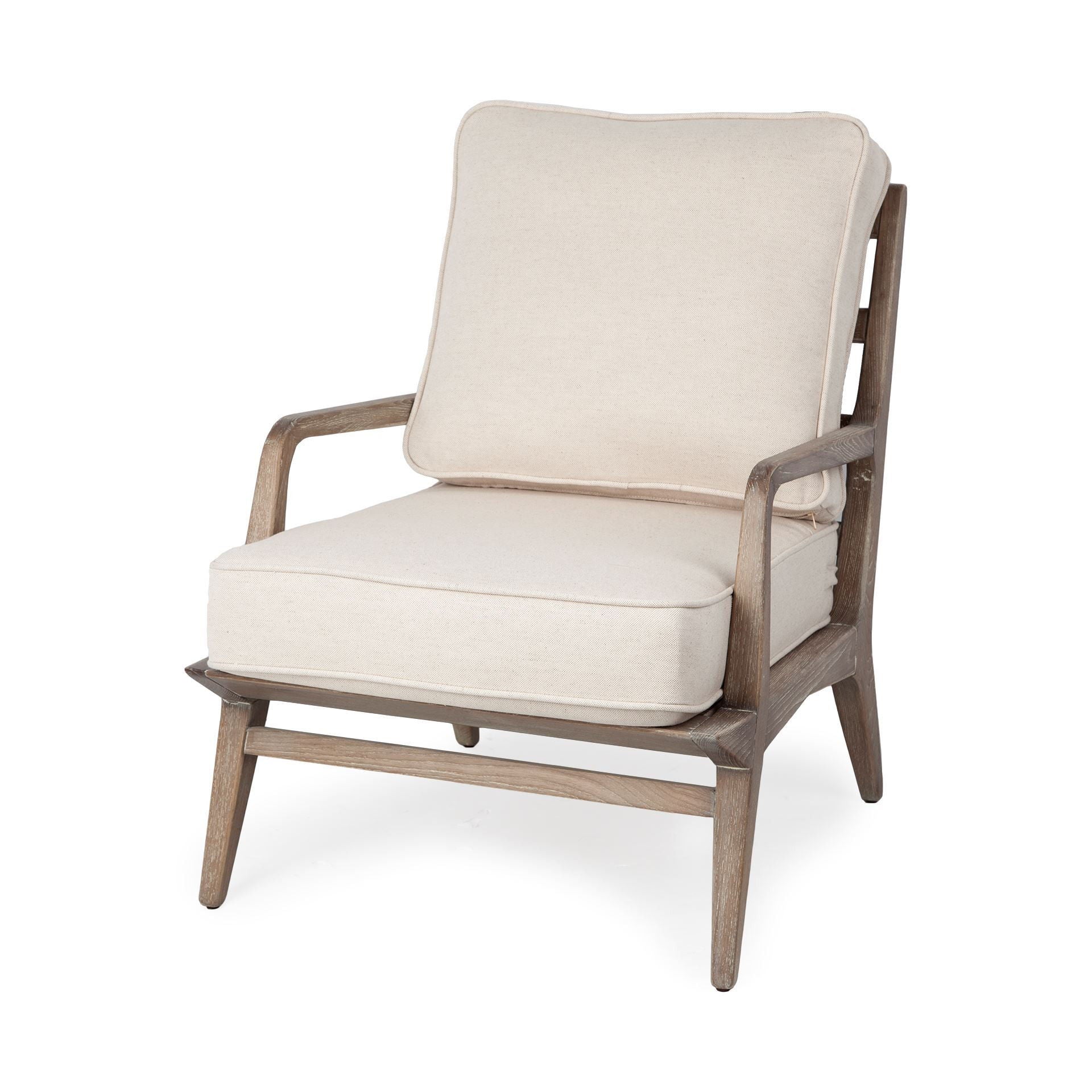 Wood Fabric Arm Chair - Ivory / Brown