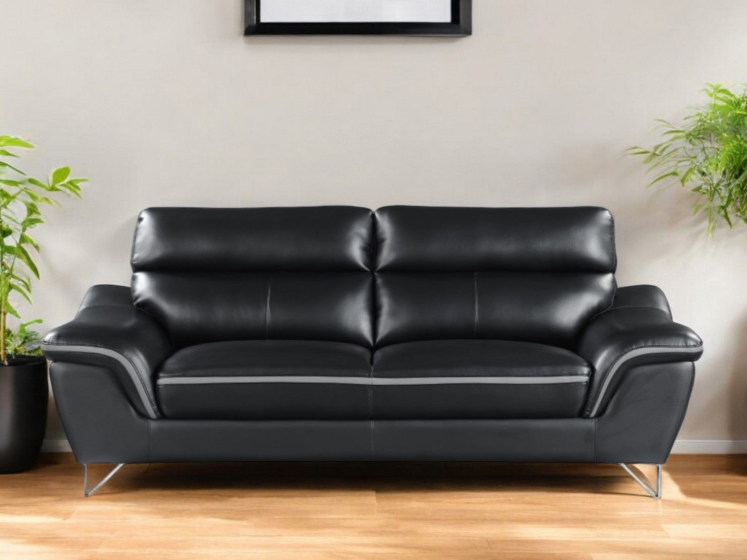 Sofa With Silver Legs Leather - Black