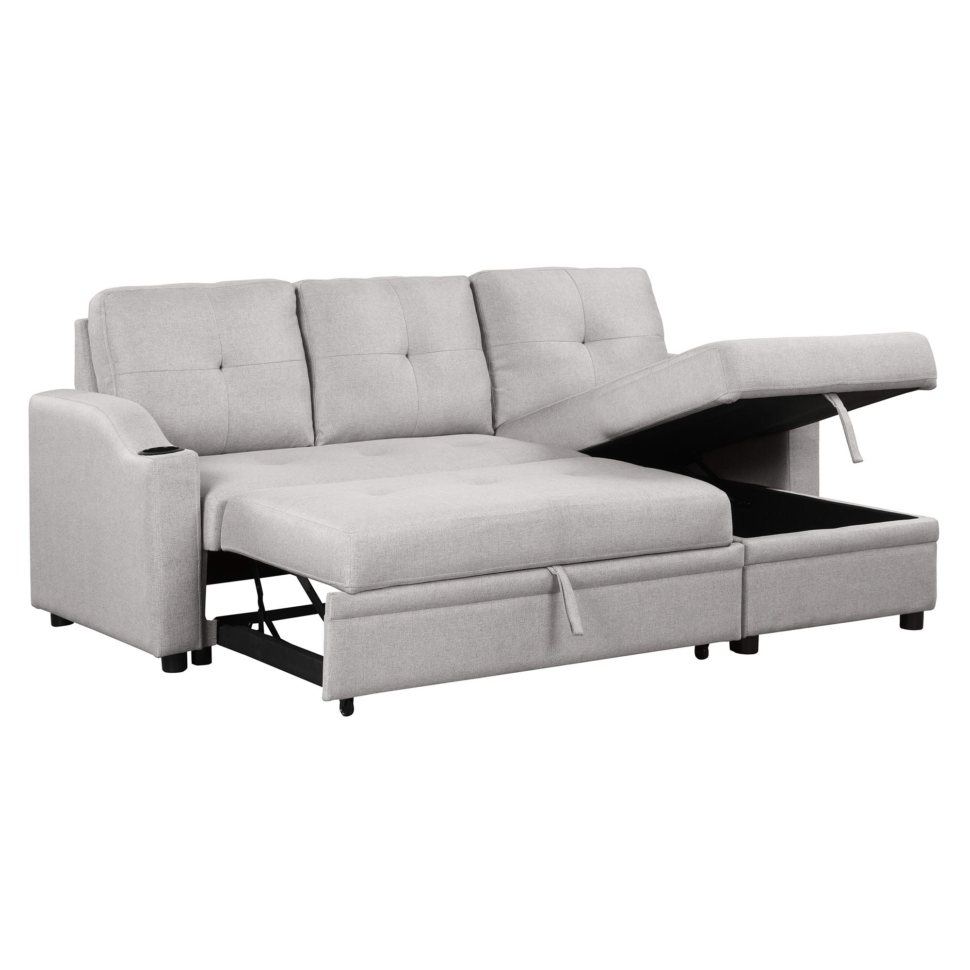 Pull Out Sofa Bed Modern Padded Upholstered Sofa Bed, Linen Fabric 3 Seater Couch With Storage Chaise And Cup Holder, Small Couch For Small Spaces