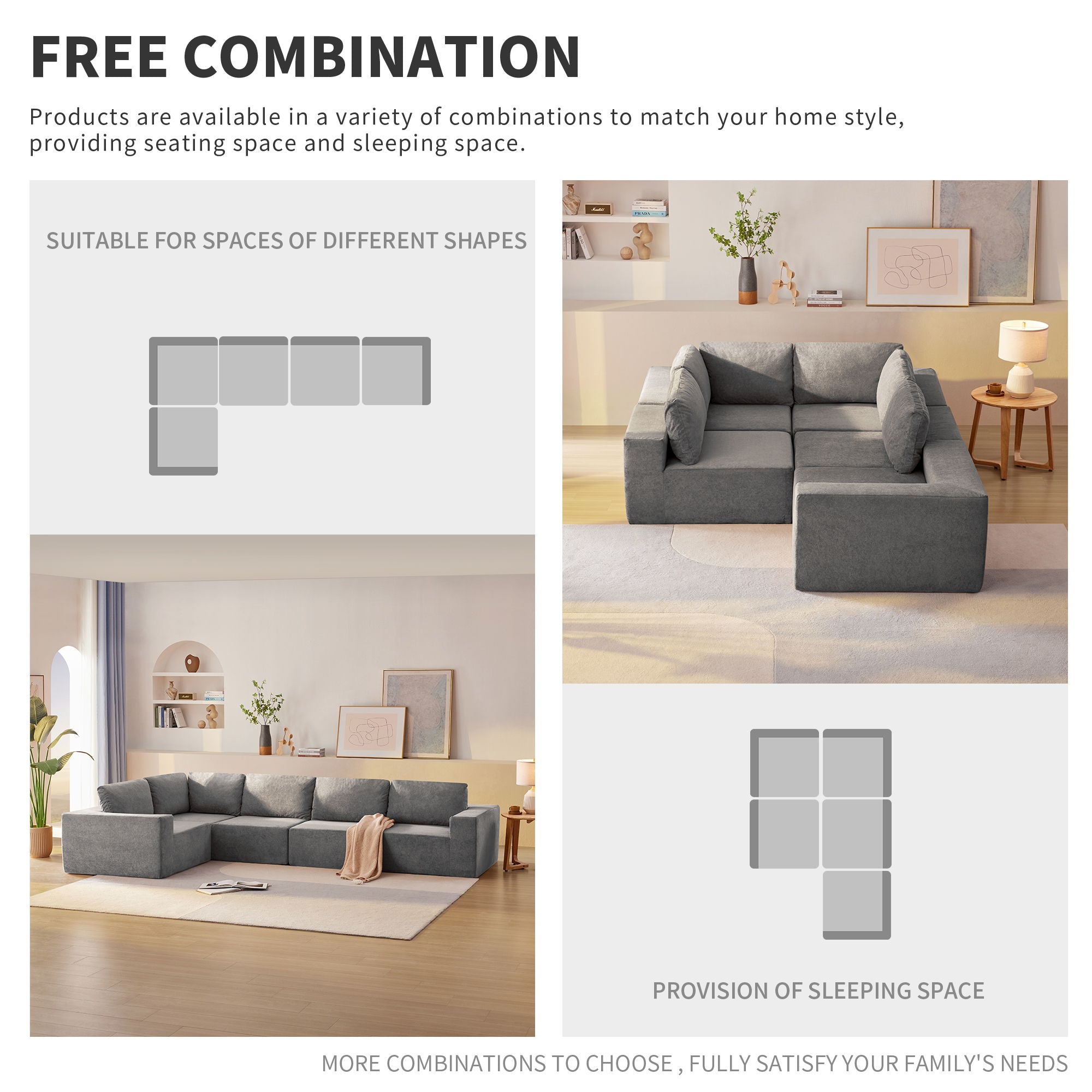 Modular L Shaped Sectional Sofa, Luxury Floor Couch Set, Upholstered Indoor Furniture, Foam - Filled Sleeper Sofa Bed For Living Room, Bedroom, 5 Pieces Free Combination